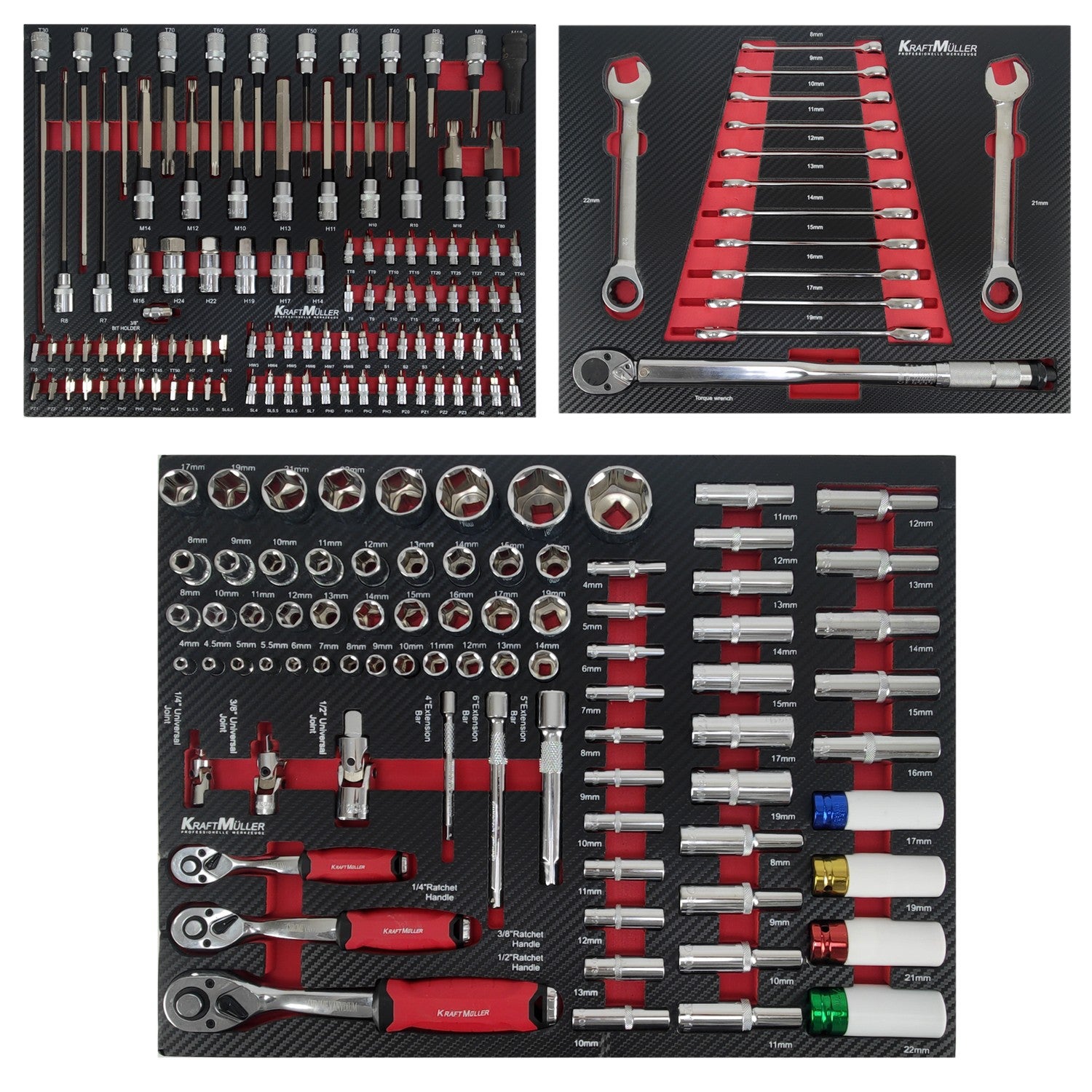 Servante d'atelier Kraft Muller KM-XXL PRO II TOOLS - 257 outils - Clé dynamo - 7 tiroirs, 1 coulissant, Roulettes, Black Red - 5