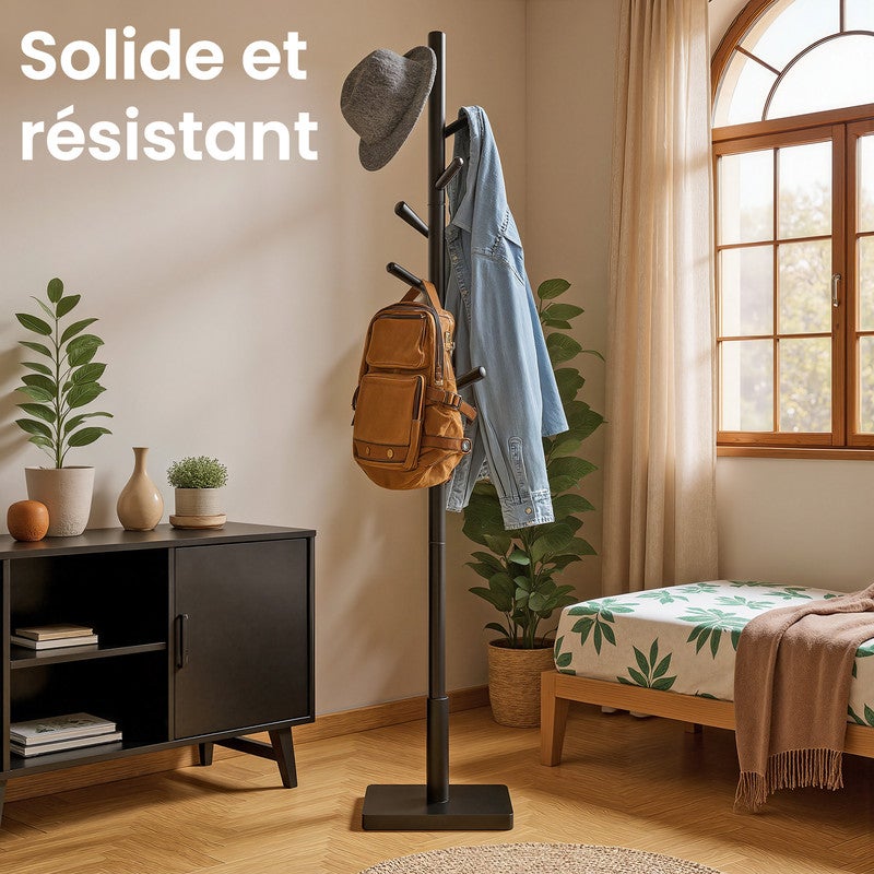 Portemanteau sur Pied en Bois avec 8 Crochets, 3 Hauteurs Réglables, pour Manteaux, Chapeaux, Sacs, Entrée ou Couloir, Bois d’Hévéa, Noir d’Encre - 2