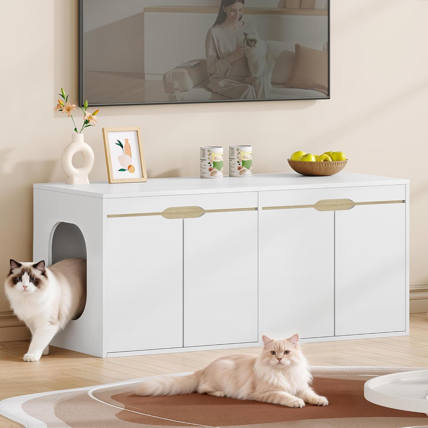 Armário para caixa de areia para gatos para 2 gatos, com entrada lateral, para ocultar a maioria das caixas de areia, carvalho branco e branco. - 2