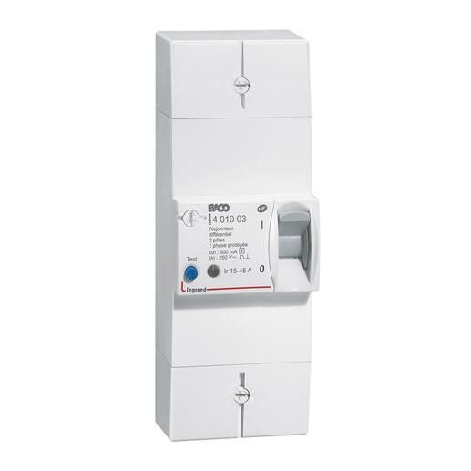 Disjoncteur de branchement bipolaire différentiel Legrand 15 45 A 500 mA instantané blanc verrouillable - 3
