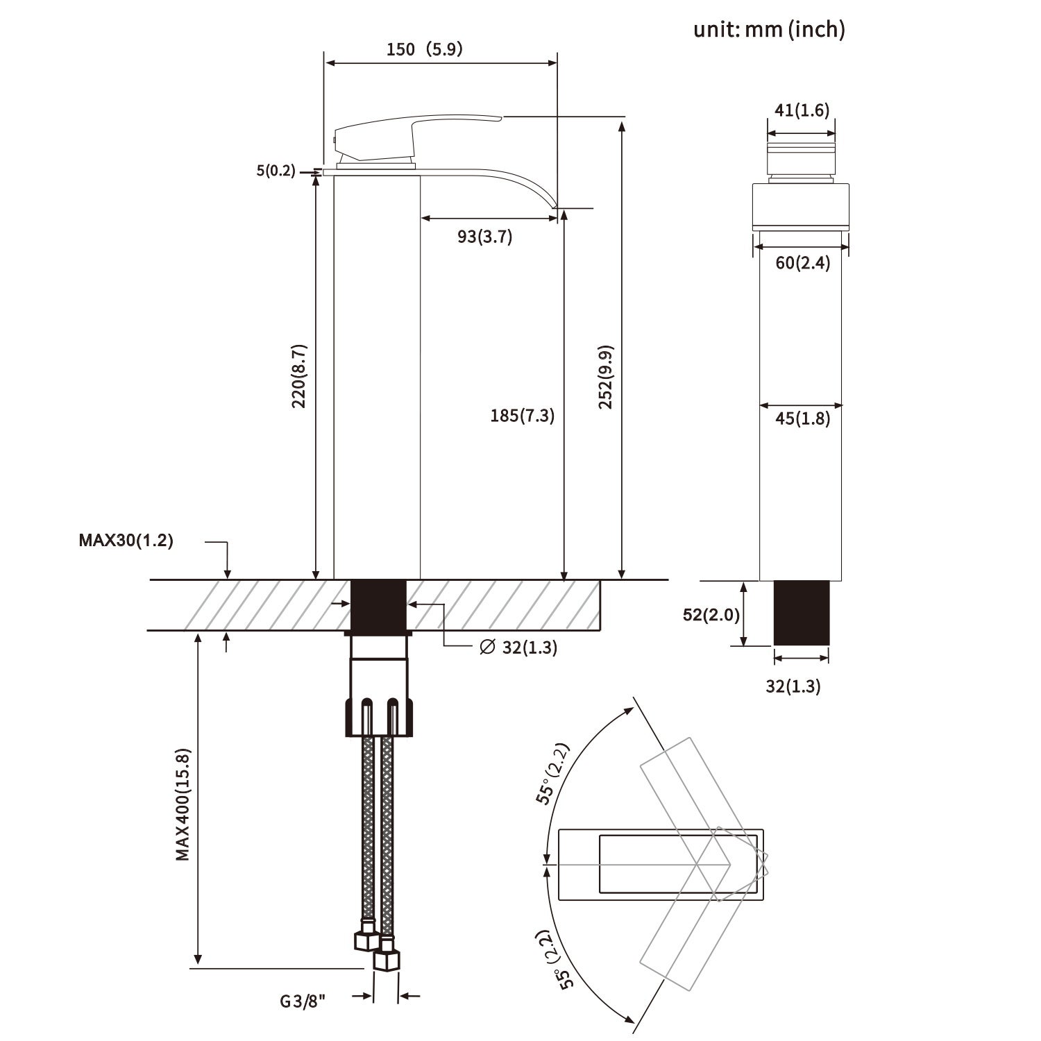 Cecipa max Mitigeur de lavabo en Cascade Noir et vasque robinet lavabo Acier inoxydable Robinet vasque Carré Haut Bec,EU Modèle - 2