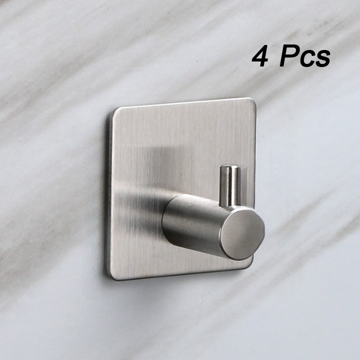 Zestaw 4 samoprzylepnych haczyków ściennych – wieszak na ręczniki łazienkowe, samoprzylepny wieszak na ubrania ze stali nierdzewnej, srebrny