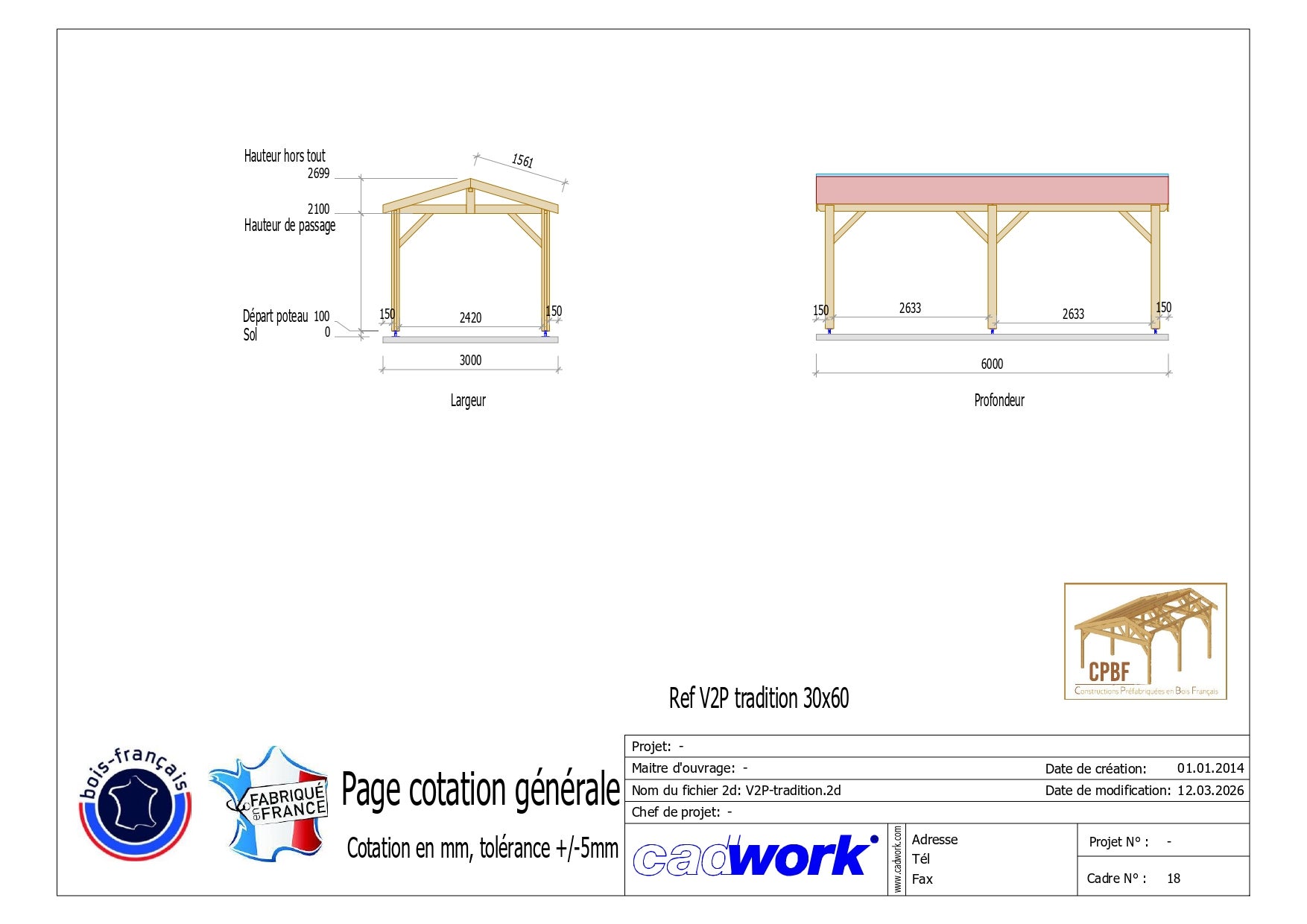 Carport bois 2 pentes en bois douglas 18 m², 6 poteaux. Abri voiture extérieur. Garantie 10 ans. - 2