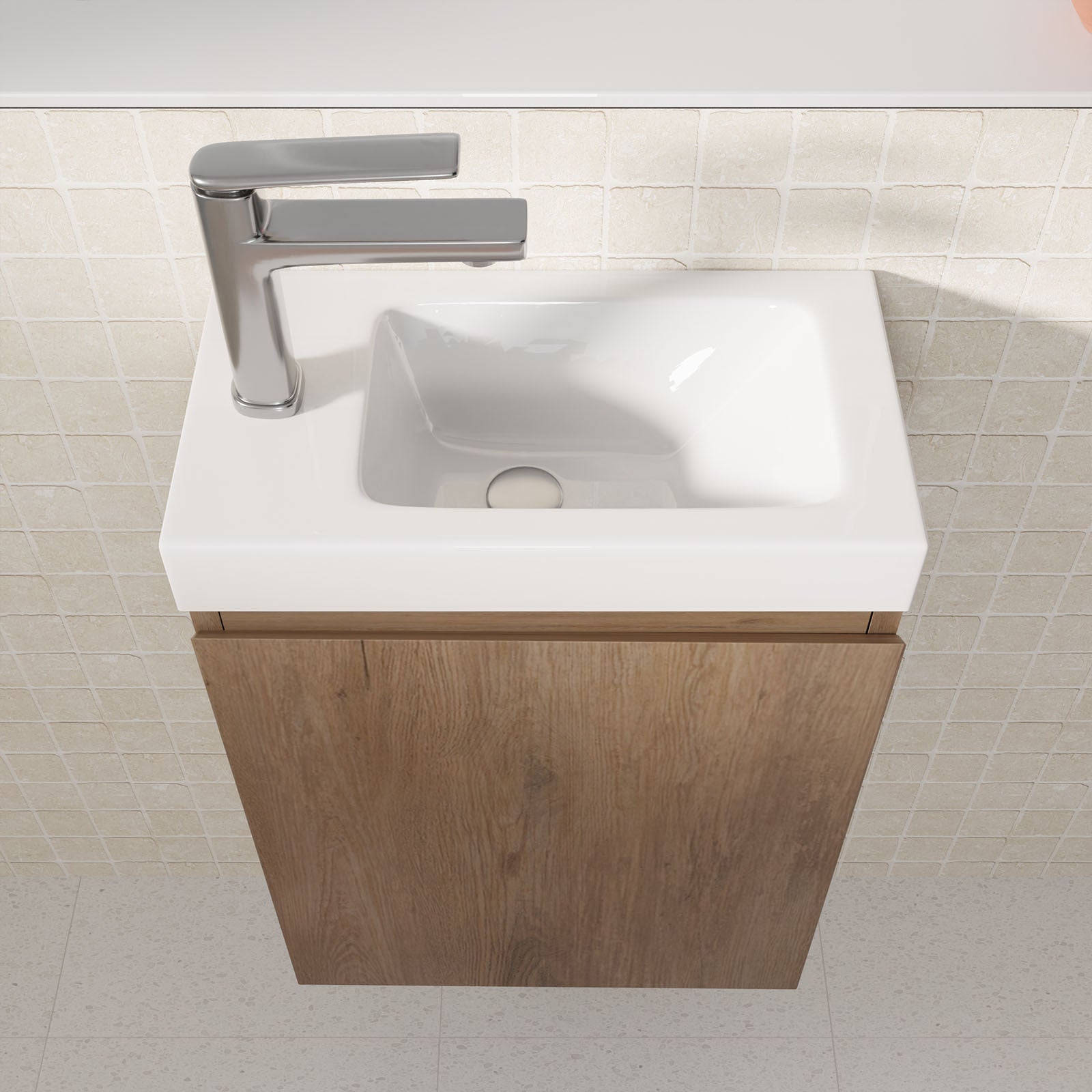 Meuble Lave Mains Décor Bois 40x50x22 cm avec Vasque en SMC Blanche - ELEMENTARY - 8