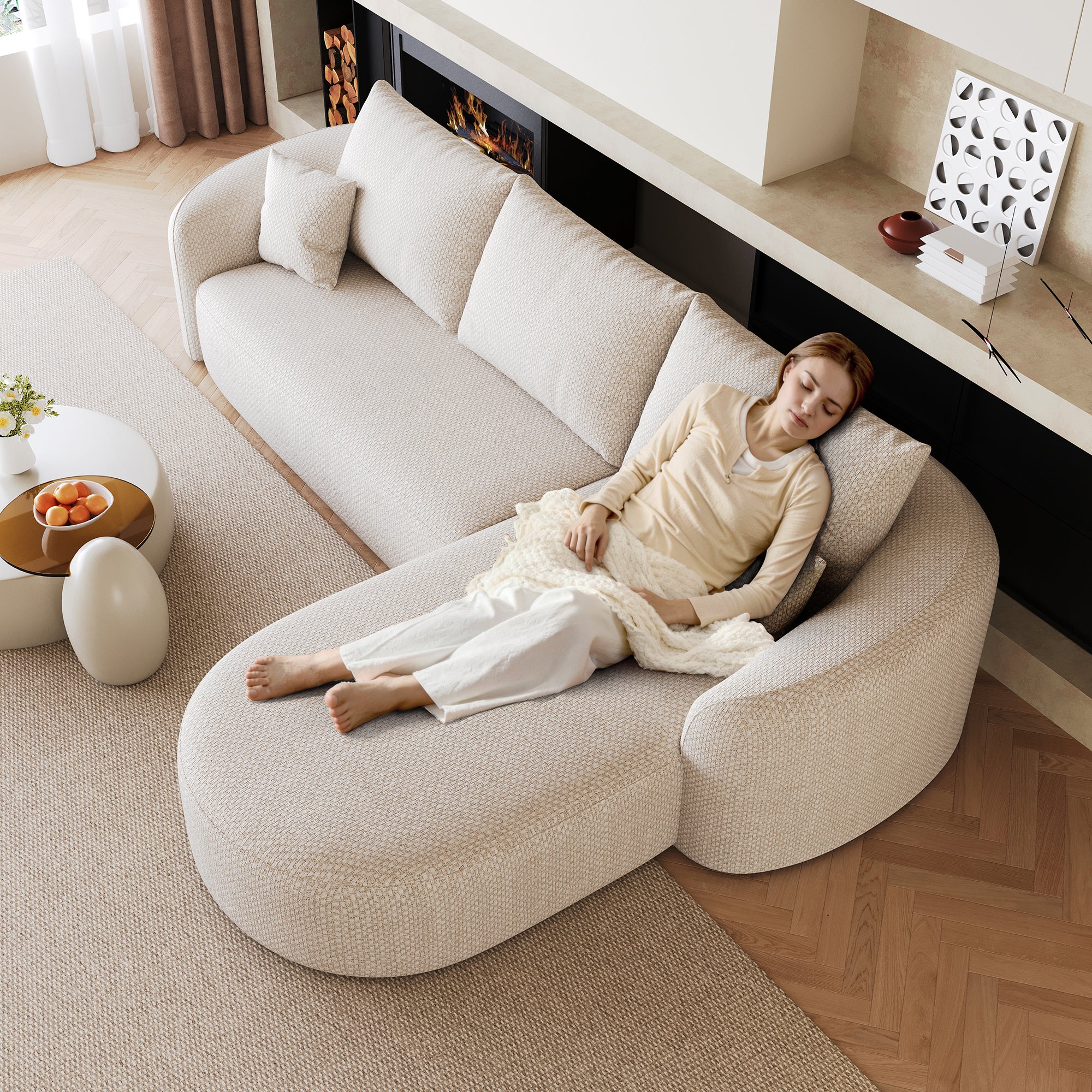 Canapé d’angle 4 places avec mousse haute densité et sans montage, canapé salon avec assise confortable, en tissu chenille blanc, 266x168x85 cm - 2