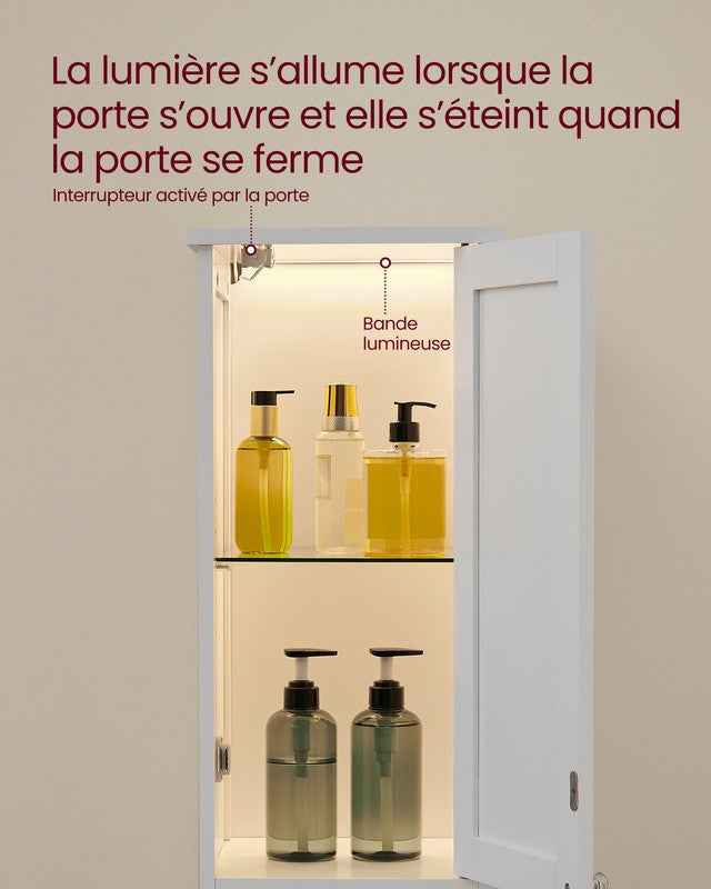 Armoire de Salle de Bain Haute avec Éclairage, avec Étagères Réglables, Compartiments Ouverts, Blanc Nuage - 3