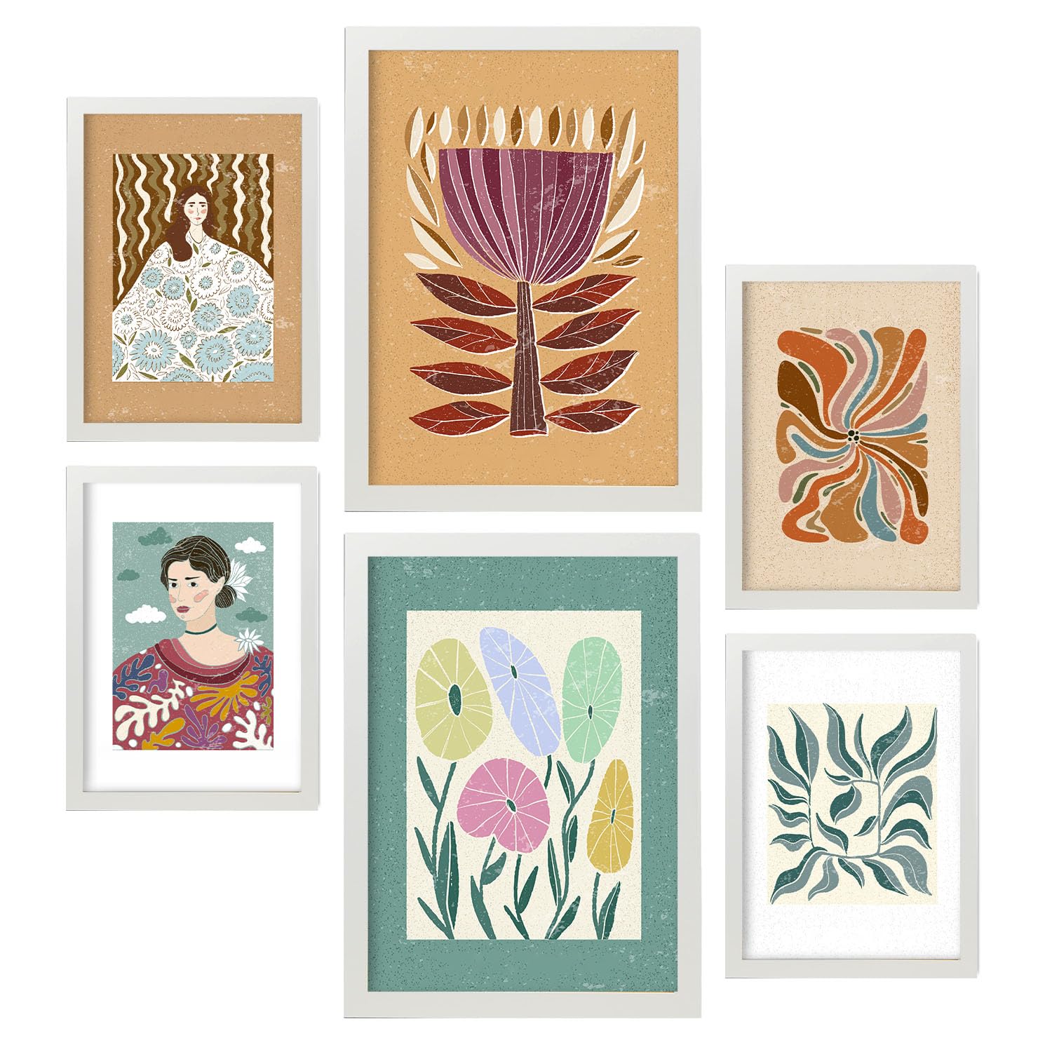 Nacnic set 6 laminas de floret de étnico cuadros decorativos estéticos para su sala de estar dormitorio hogar impresión a4 y a3 con marcos blanco