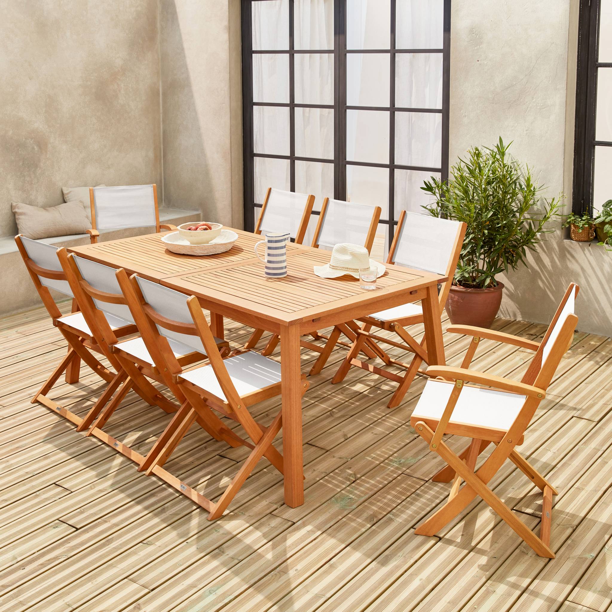 Table de jardin extensible bois d'eucalyptus + 8 assises en bois d'Eucalyptus huilé et textilène blanc ALMERIA - 3