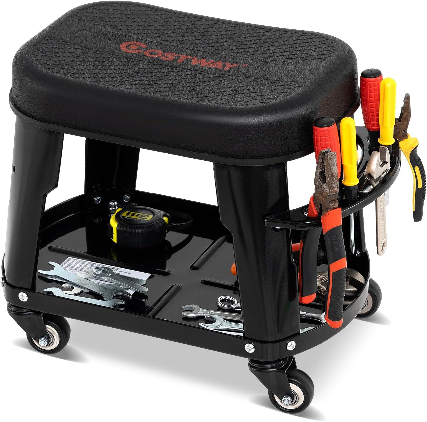 Taboret warsztatowy, krzesło warsztatowe z półką na narzędzia i uchwytem na narzędzia, stołek warsztatowy na kółkach, do warsztatu, garażu