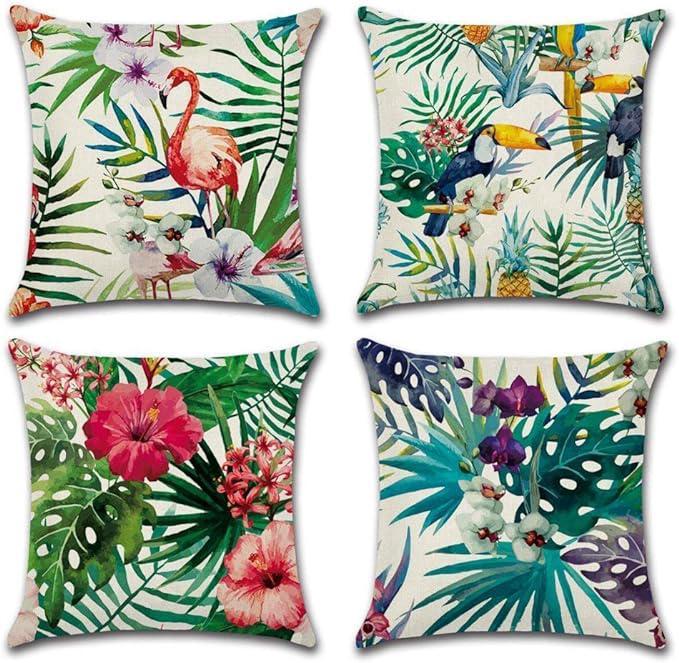 Funda de cojín con diseño de plantas y flores tropicales, 45 x 45 cm, juego de 4 fundas de almohada de lino decoradas con motivos de plantas de la sel