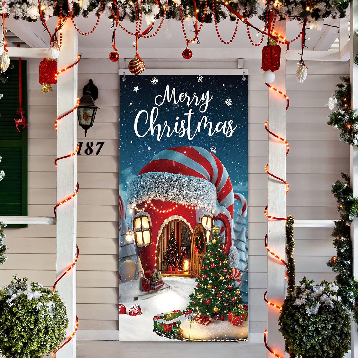 Decoración navideña para puerta: Cubierta navideña con diseño de casita de caramelos, ideal para colgar en fotos (90 x 200 cm). - 6