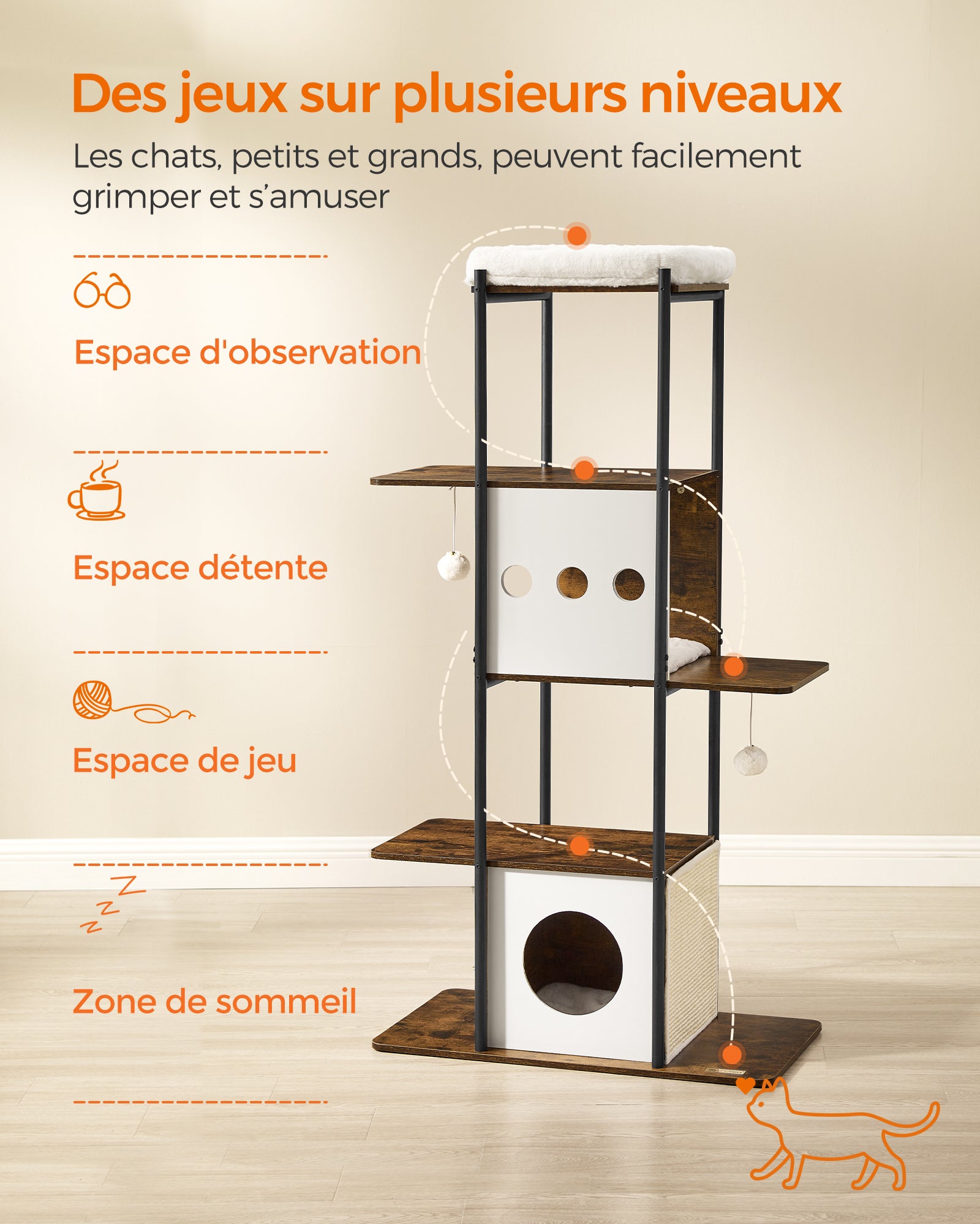Arbre à Chat, 153 cm, avec Griffoirs, Coussins Amovibles et Lavables, Grandes Plateformes, Marron Rustique - 2