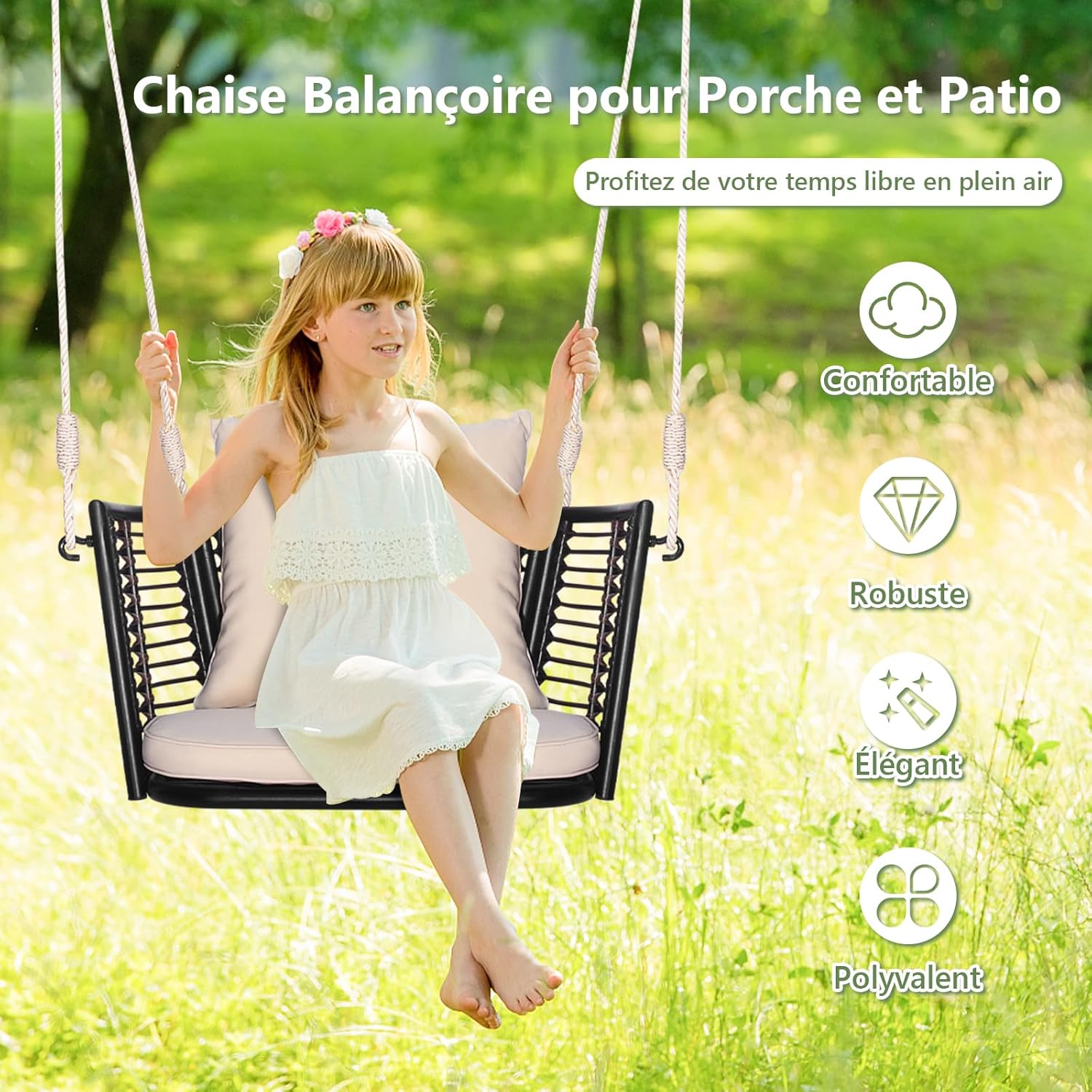 Chaise Balançoire d'Extérieur en Rotin, Balancelle avec Coussins de Siège et de Dossier, 2 Cordes de Suspension, Cadre en Métal, Charge 180 kg - 4