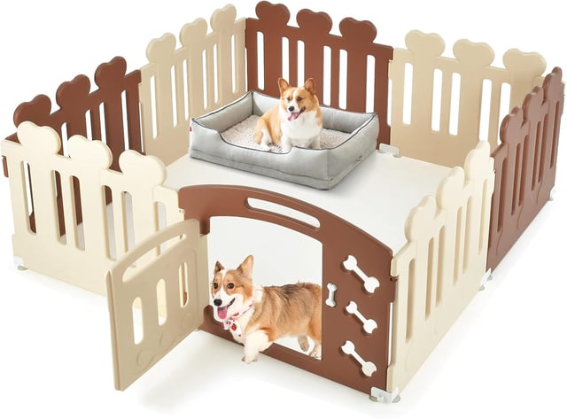 Recinto per Cuccioli in Plastica a 7 Pannelli e 1 Porta, Box con Ventose e Picchetti a Terra, per Animali Domestici di Piccola Taglia, 155 x 155 x 60