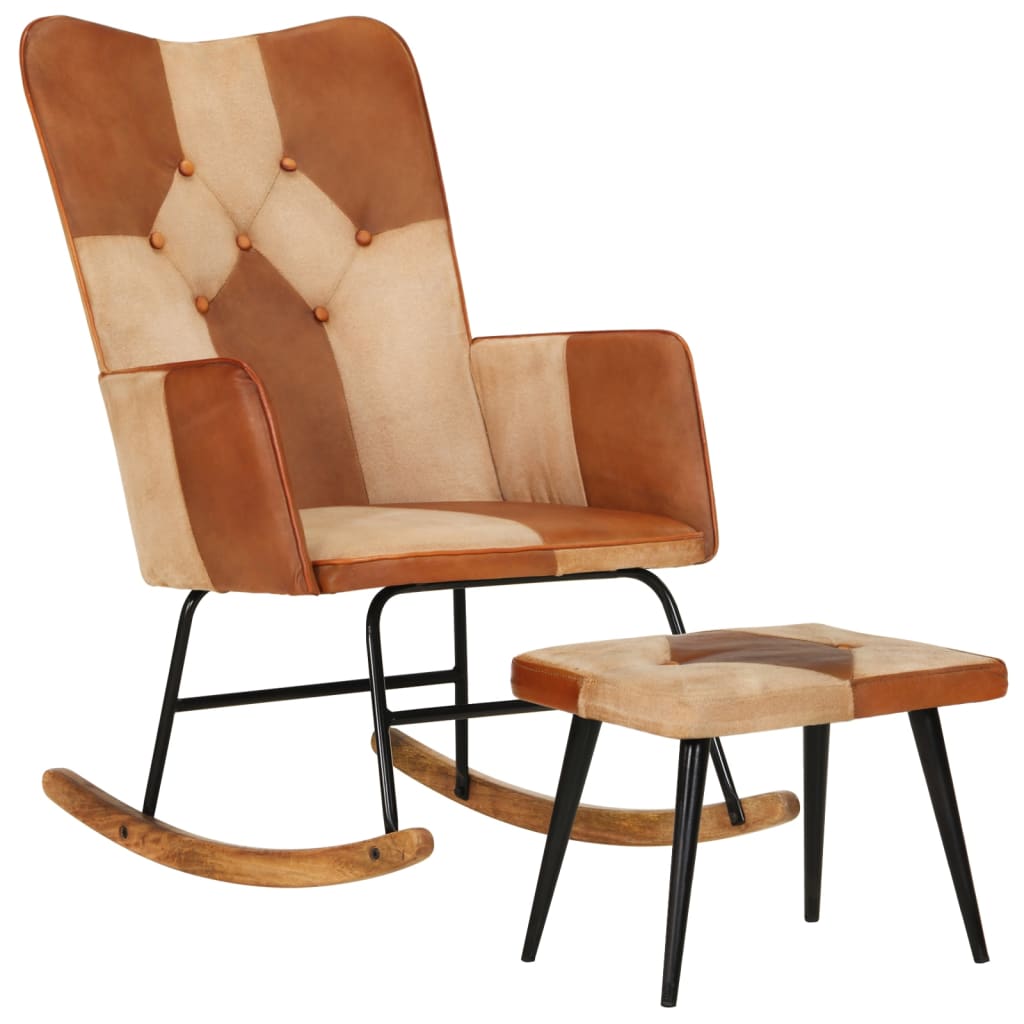 Mecedora   sillón balancín relax   sillón de salón con taburete cuero auténtico y lona marrón cfw696020