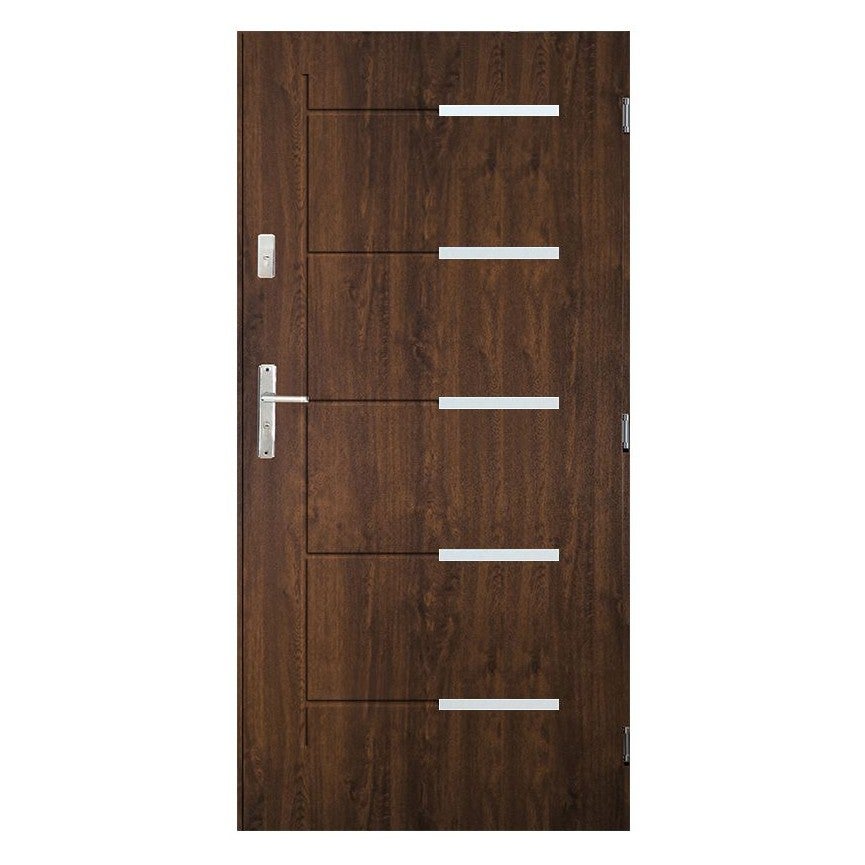 Porte d'entrée CANCUN 80 cm en acier inoxydable - Couleur: Noyer - Avec Poignée et serrure - Poussant Gauche
