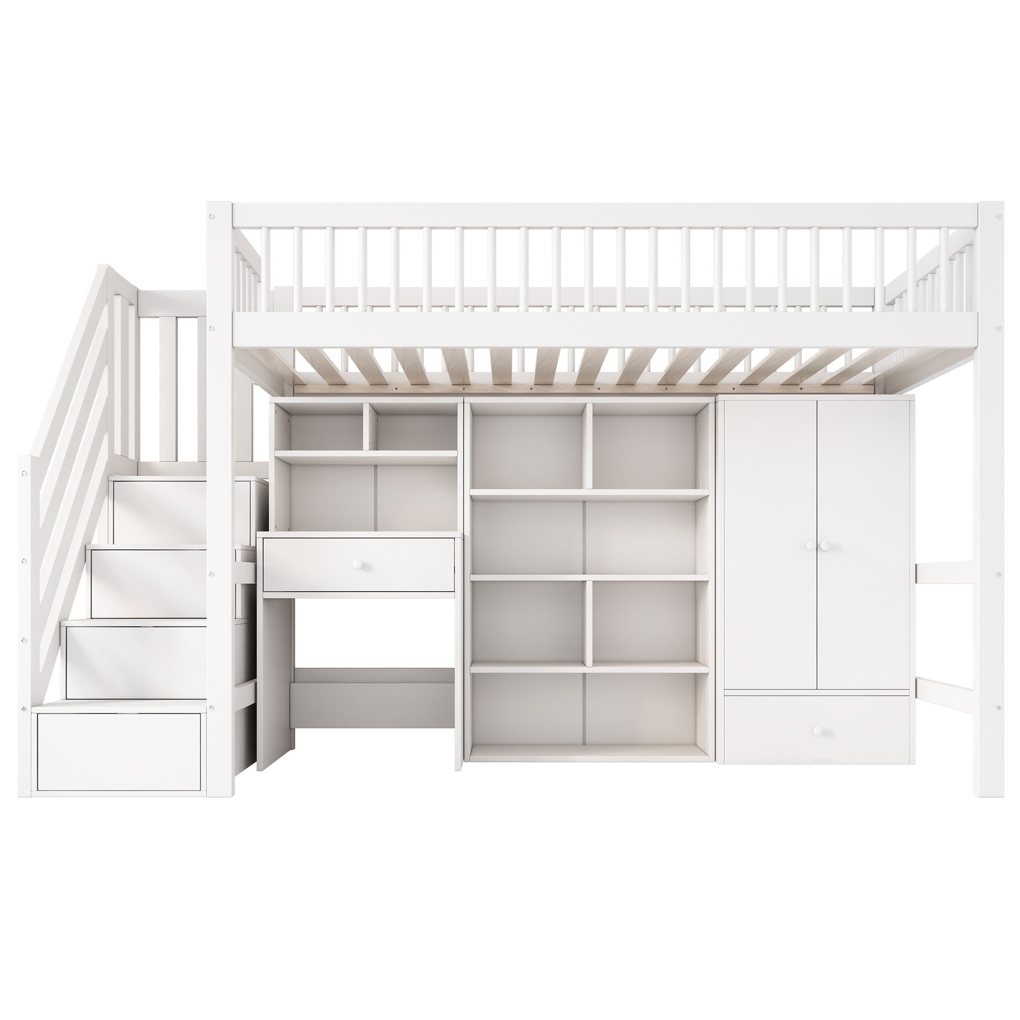 Lit mezzanine multifonctionnel en bois et MDF - 90x200 cm - avec escalier de rangement, bureau et armoire - Blanc(sans matelas) - 6