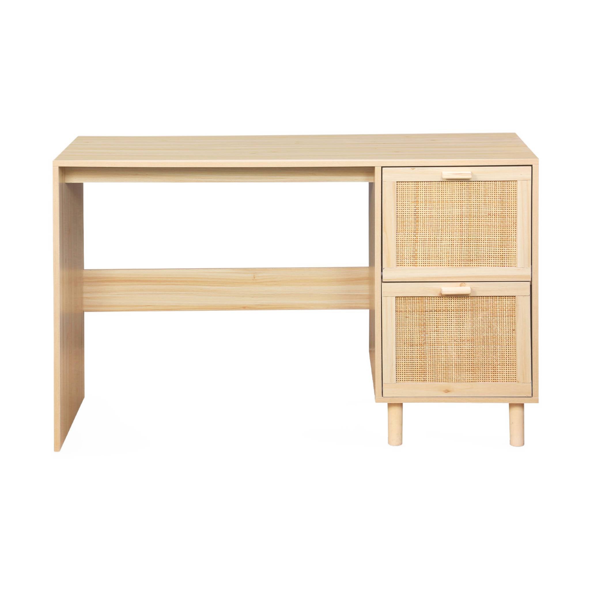 Bureau décor bois et cannage - Camargue - 120cm. 2 tiroirs - 5