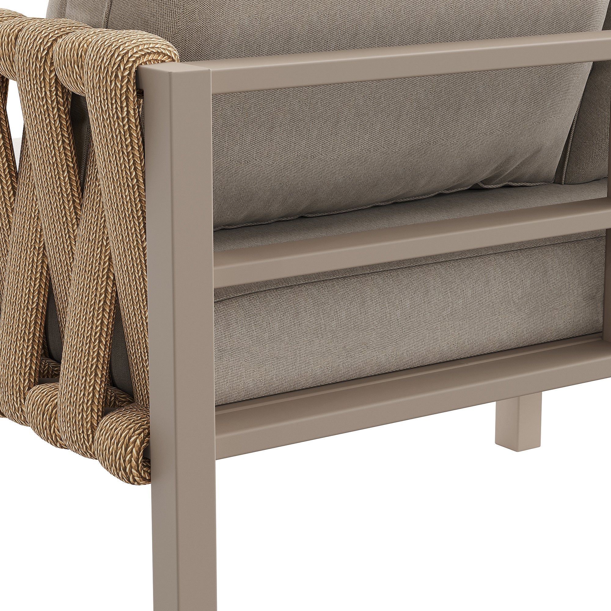 Ensemble de salle à manger de jardin - en corde - avec structure en fer galvanisé, pieds réglables, canapé d'angle, 1 fauteuil, 1 tabouret, Beige - 7