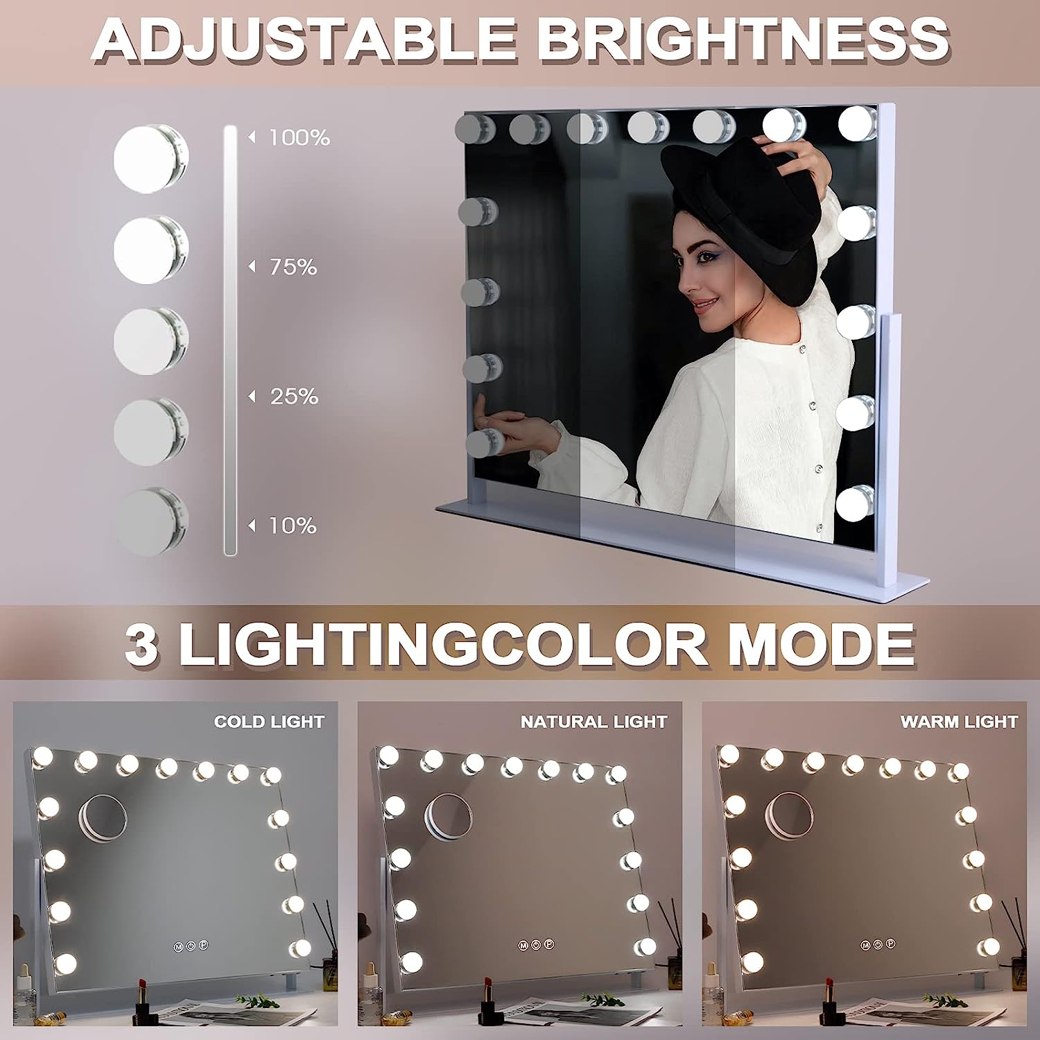 Specchio da trucco Hollywood illuminazione LED - 65 x 49 cm - Rotante - 8
