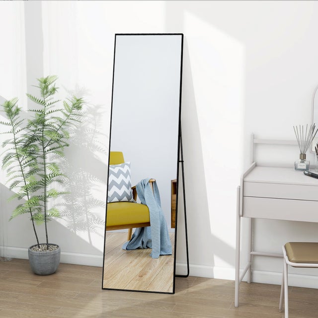 Miroir sur pied pleine longueur, 140 x 40 cm, Noir HD, cadre en alliage d'aluminium, miroir mural en verre trempé, idéal pour la chambre, le dressing