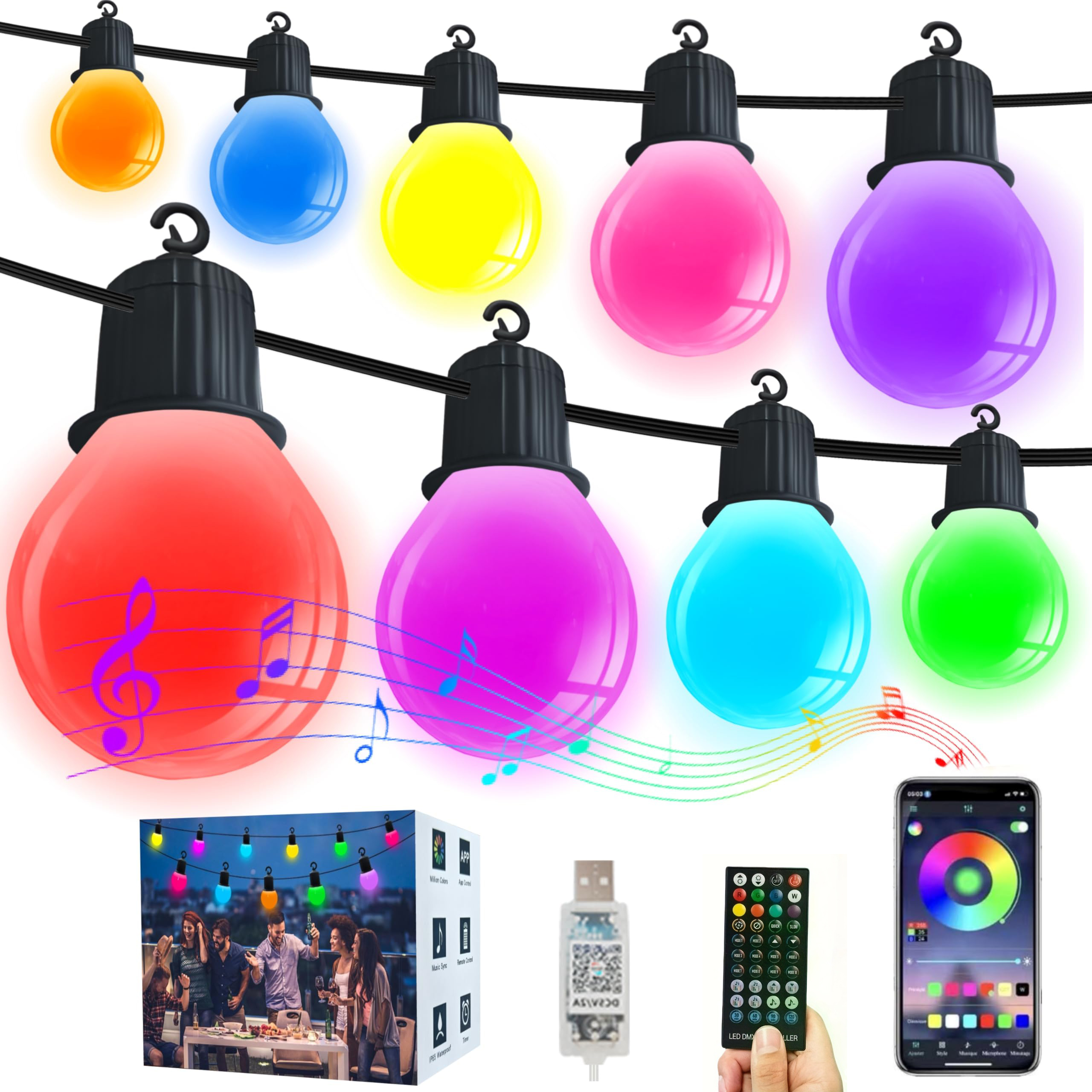 33-metrowy łańcuch świetlny RGB do użytku na zewnątrz z 50 żarówkami, pilot i sterowanie aplikacją, IP65,timer,odpowiedni na Boże Narodzenie,do ogrodu