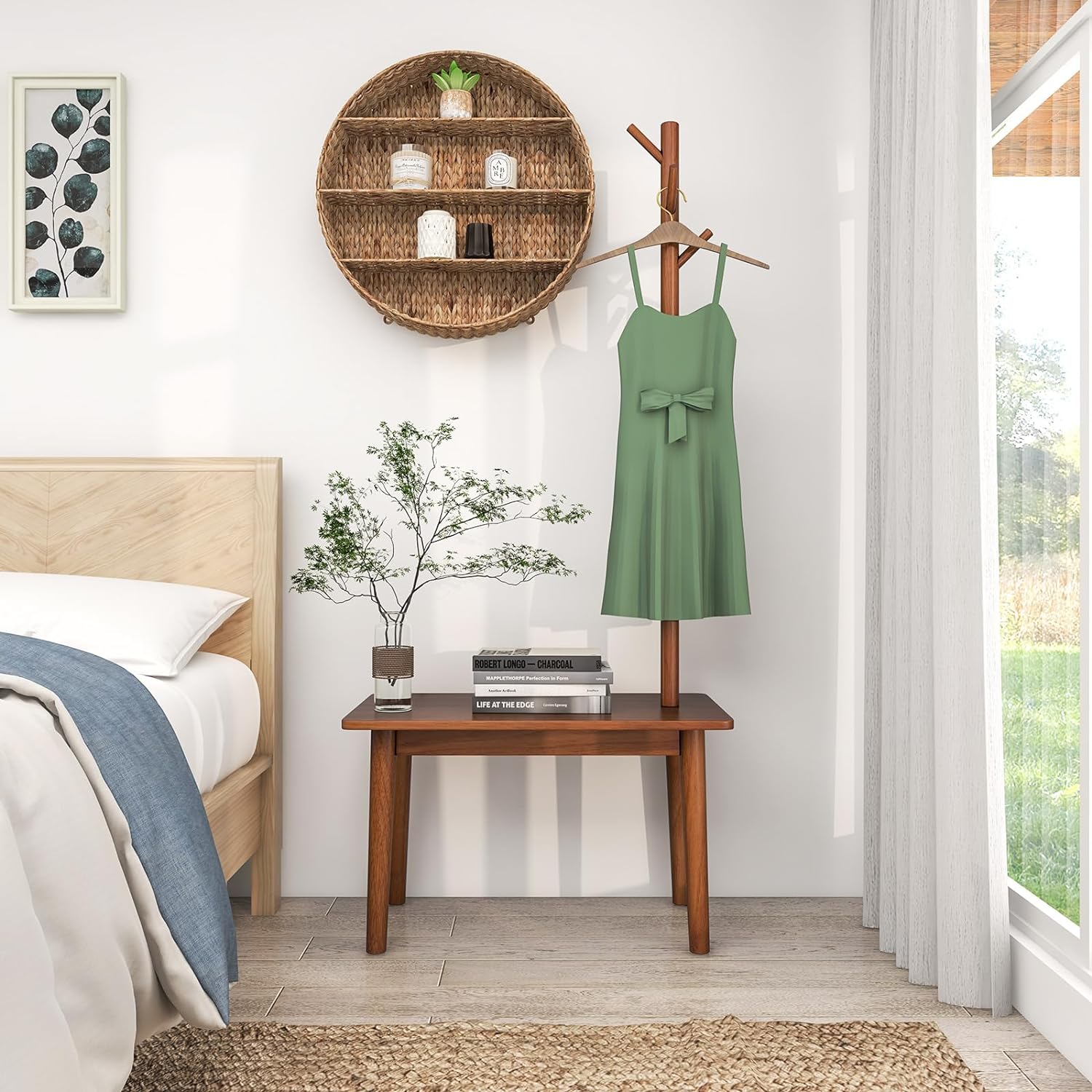 Porte-Manteau Bois avec Banc, Porte Manteau d'Entrée avec Table d'Appoint, 4 Crochets Arrondis, en Bois, pour Chapeau - 7