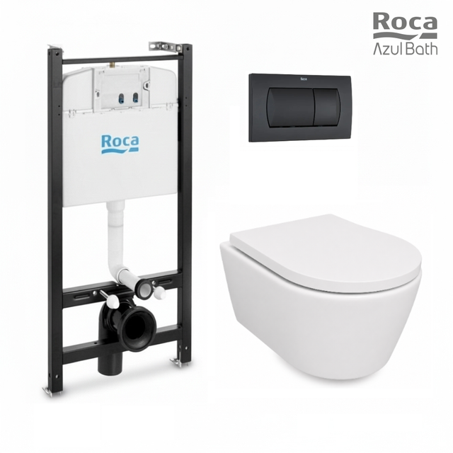 Bastidor empotrado ROCA Active Pack con cisterna y pulsador negro mat, con inodoro suspendido Rimless LIA blanco br de AzulBath