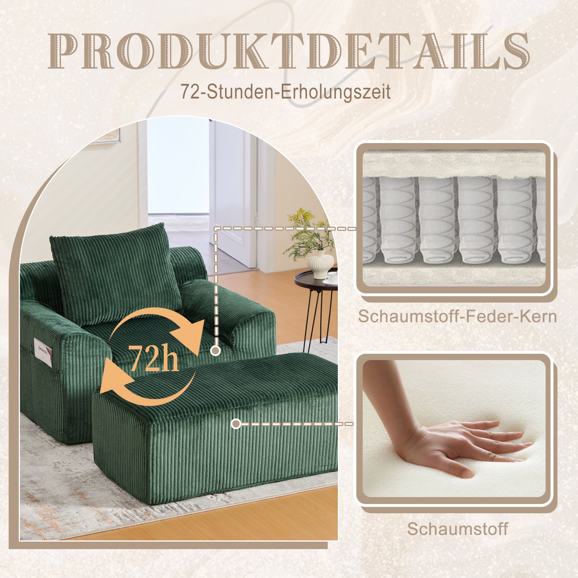 Fauteuil surdimensionné en velours côtelé, poches latérales, coussin, assise profonde, sans montage – ComfortXL - 7