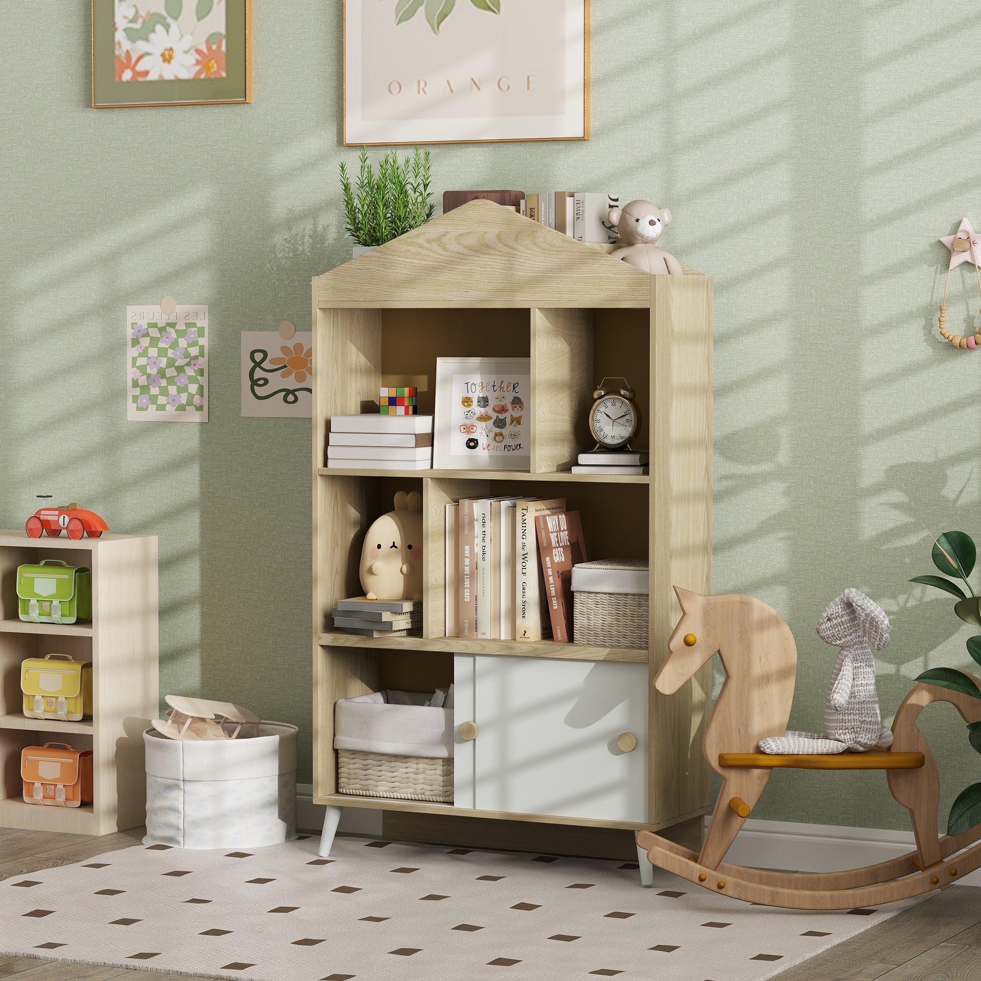 Bibliothèque enfant blanc-naturel avec 4 casiers, étagères ouvertes et ...