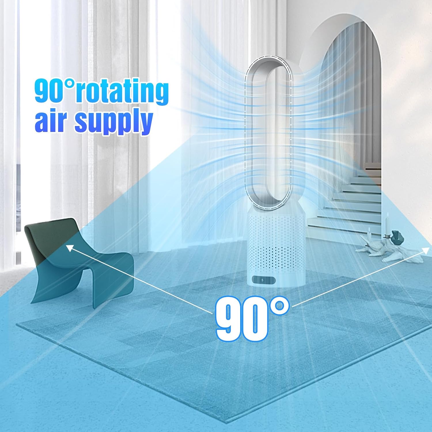 Ventilateur tour 2 en 1,Très silencieux et purificateur d'air,Ventilateur sans rotation,Avec télécommande,8 vitesses,Oscillation à 90°(Argenté) - 4