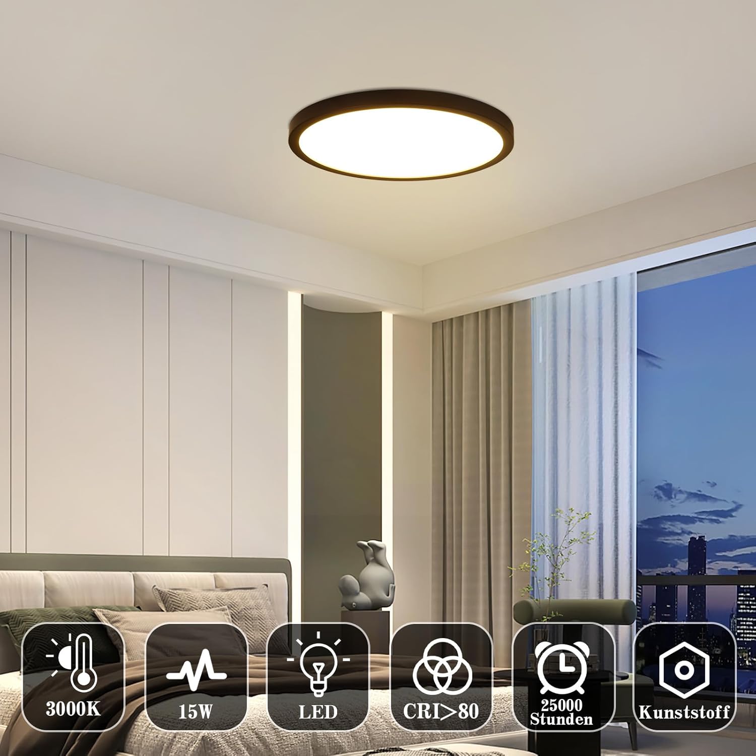 NETTLIFE Lámpara de Techo LED Lámpara Plana Lámpara Redonda Negra de 15W Lámpara de Baño IP44 Lámpara Blanca Cálida Diámetro 18cm para Dormitorio - 2