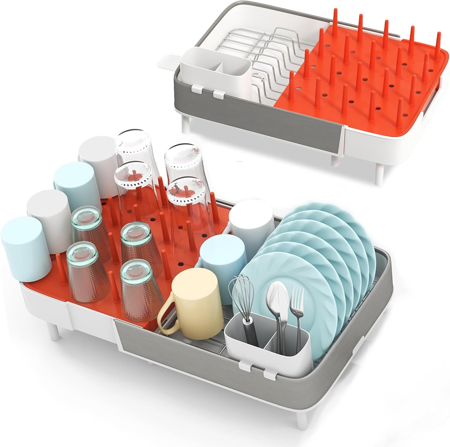 Rozkładany Ociekacz do Naczyń z Wyjmowanym Uchwytem na Sztućce i Kubki, do Talerzy i Filiżanek