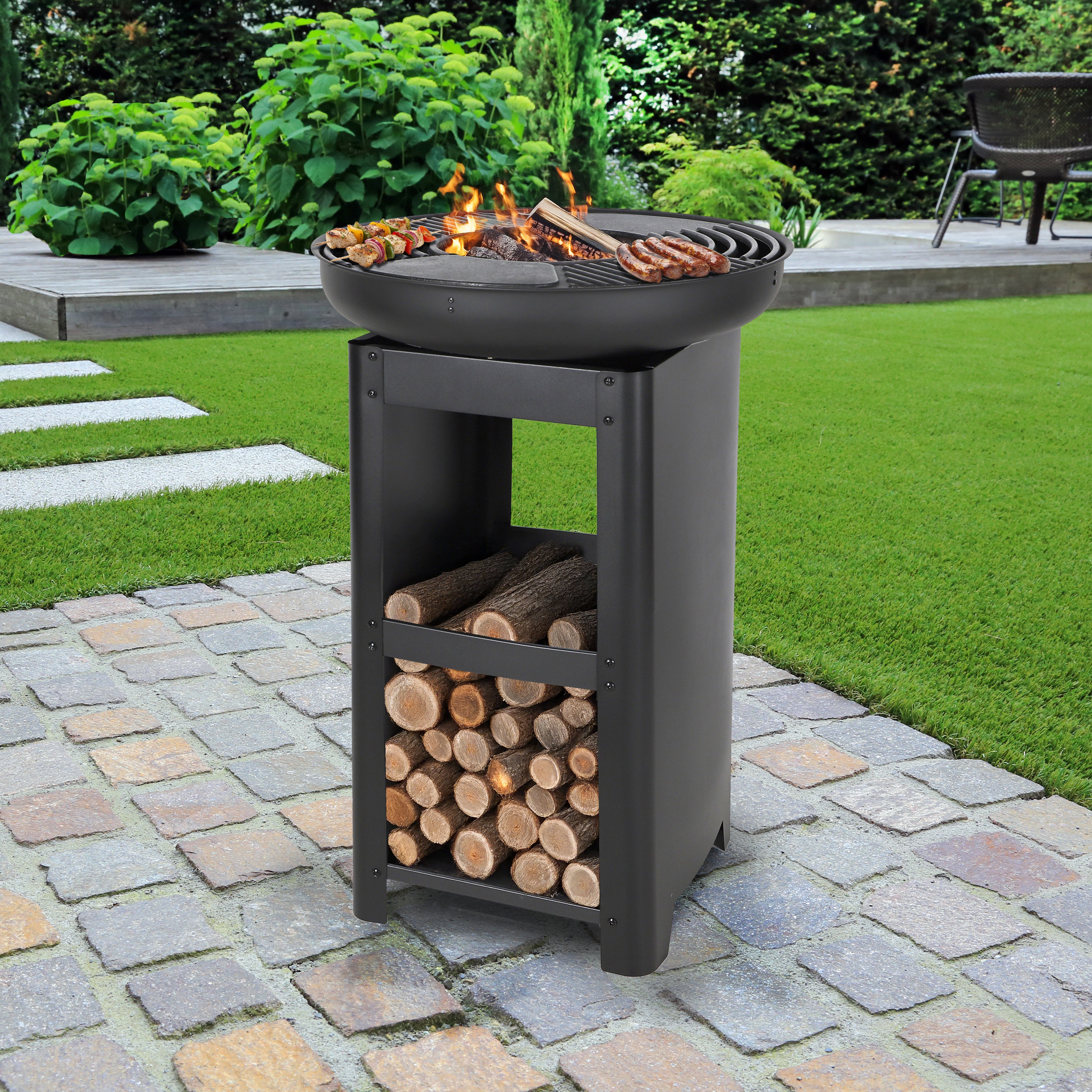 ELITE – Brasero Plancha Grill avec range-bûches – Ø61 x H90 cm – Barbecue feu de bois & charbon – Design extérieur - 10