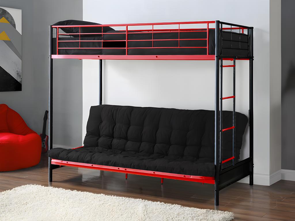 Letto a soppalco 90 x 190 cm con divano letto Metallo Nero e Rosso