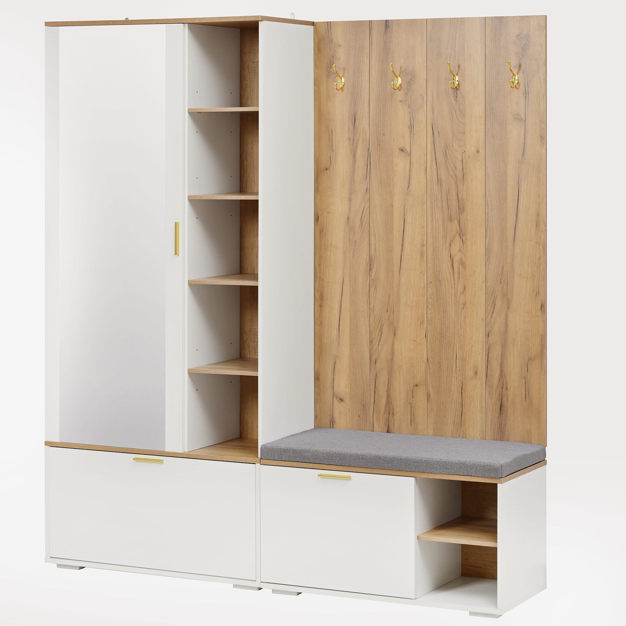Ensemble meuble à chaussures avec banc, miroir, 4 crochets, porte-manteau et 3 portes - 160 x 38 x 180 cm - Panneau de particules - Naturel + blanc - 8