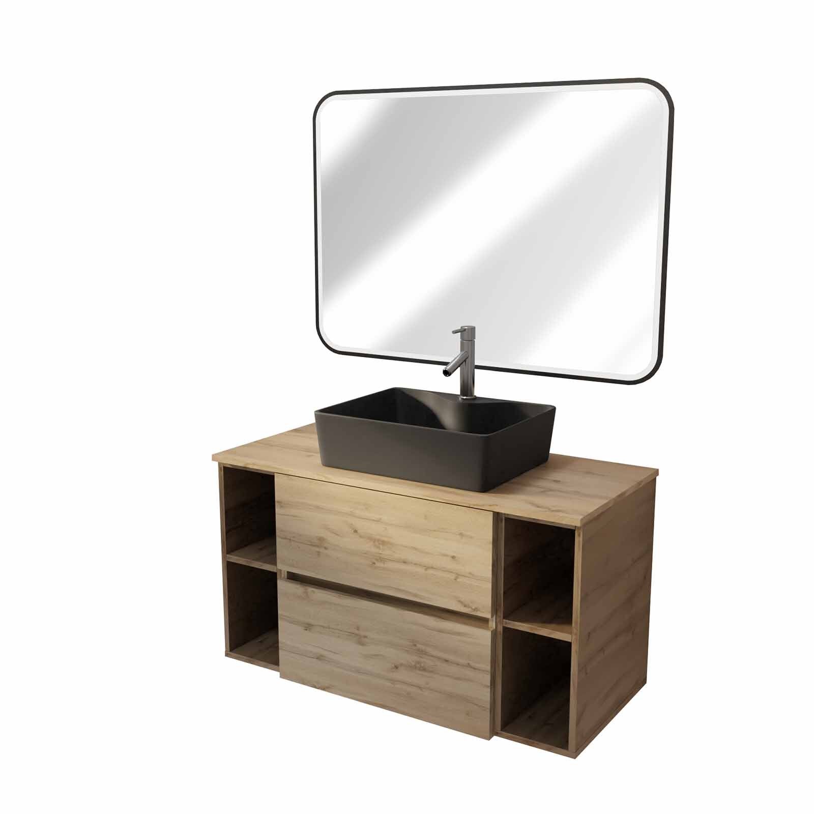 Meuble salle de bains 100 TIMBER Décor Chêne 2 Tiroirs Vasque Noire Rectangulaire Miroir LED noir - 3
