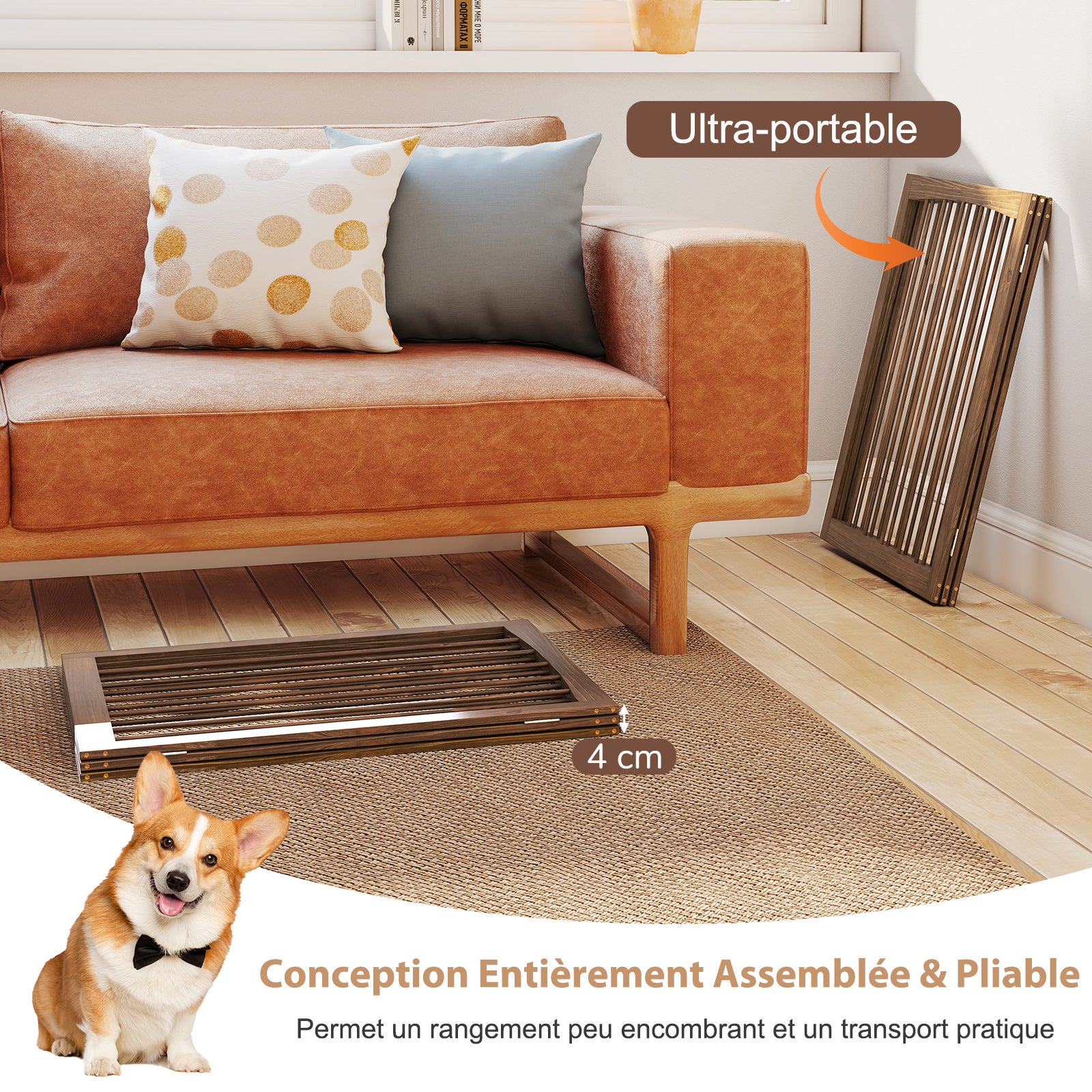 Barreira de segurança para cães, barreira dobrável para cães com 3 painéis, estrutura em madeira de abeto, dobradiças flexíveis, para escadas e salas - 5