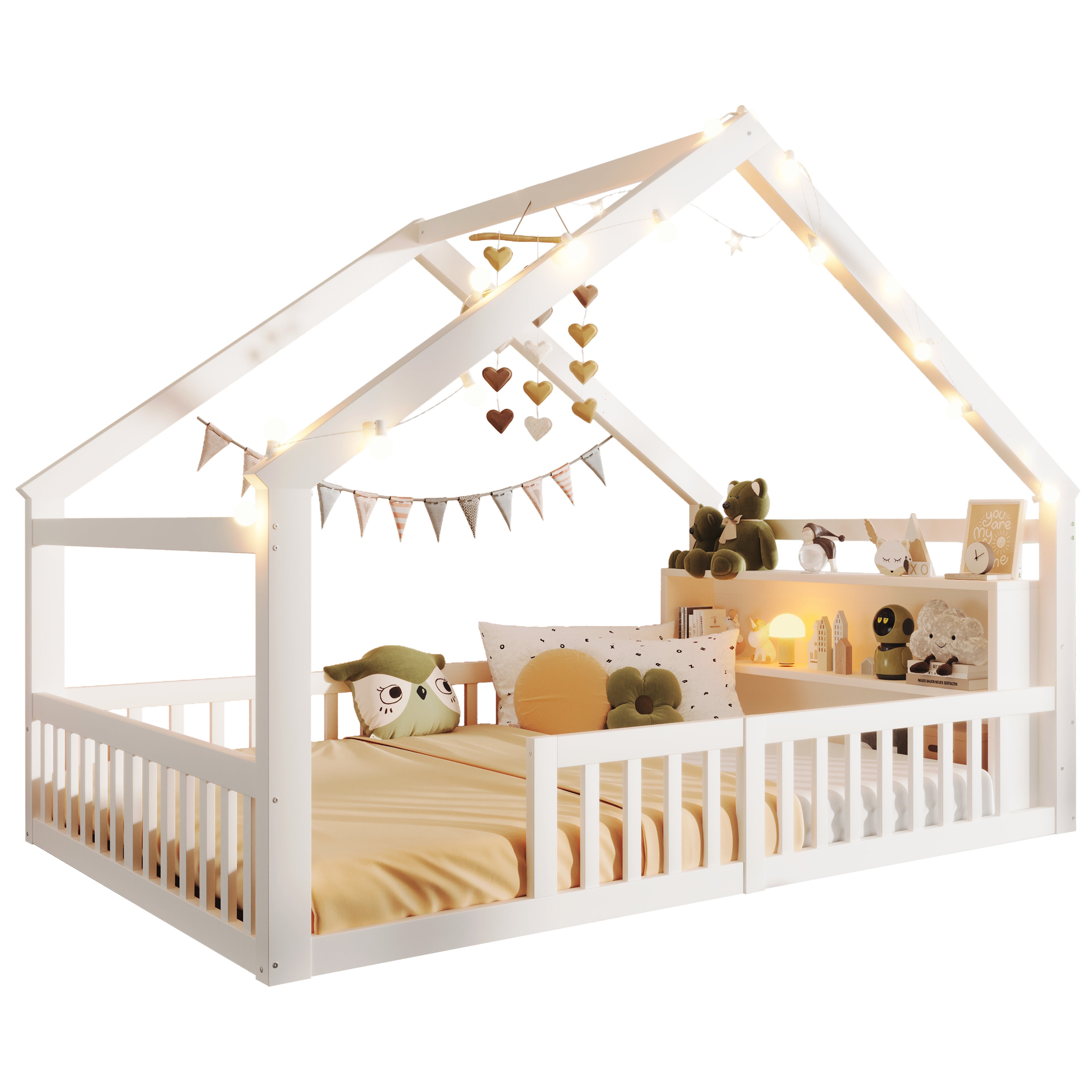 Lit cabane 140 x 190 cm avec barrière et étagères de rangement - Pin + MDF + contreplaqué - Blanc (matelas non inclus) - 7