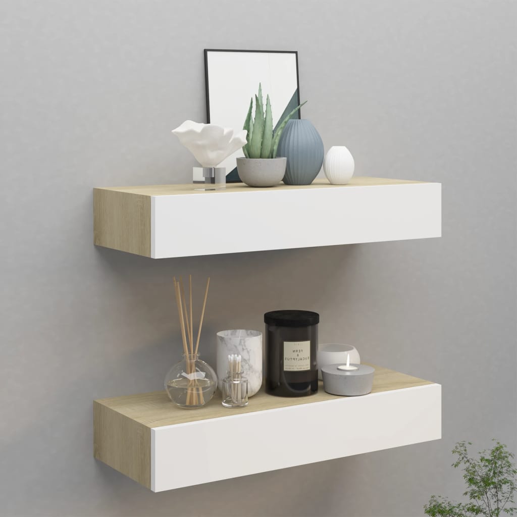 Étagère flottante murale | Étagère de rangement chêne et blanc 80x23,5x3,8 cm MDF CFW122374 - 2