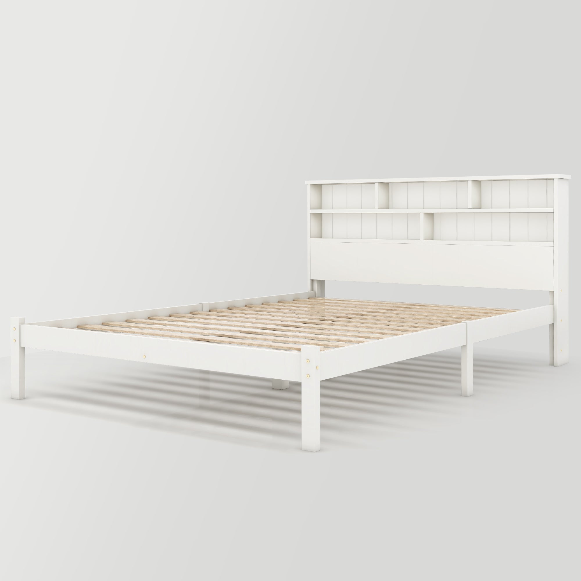 Lit Adulte Double 140x200 cm - Tiroir - Compartiments de Rangement - Sommier à Lattes - Blanc (Sans Matelas) - 6