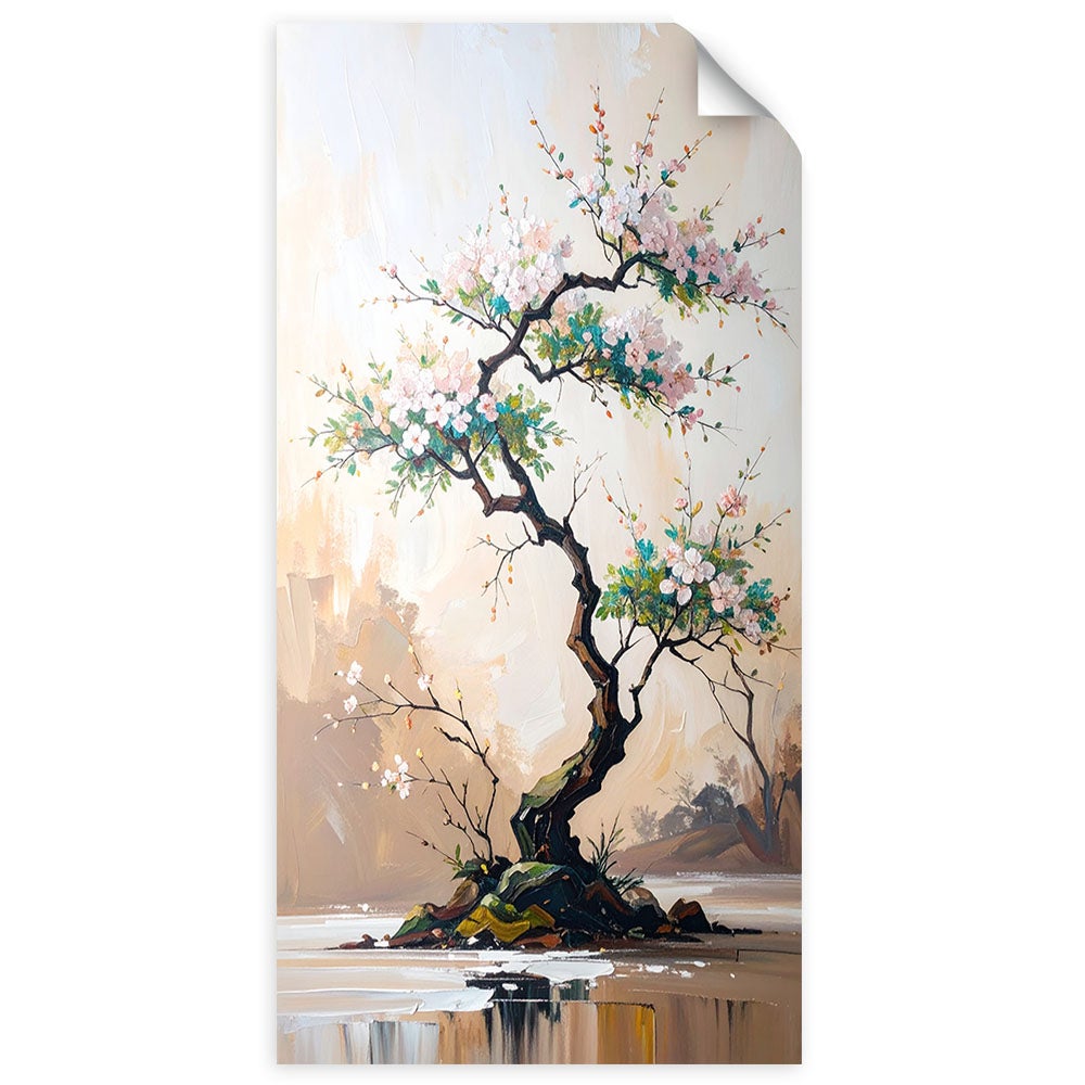 Naklejka na ścianę do pokoju młodzieżowego, Drzewko Bonsai Białe Kwiaty Gałązki 100x200