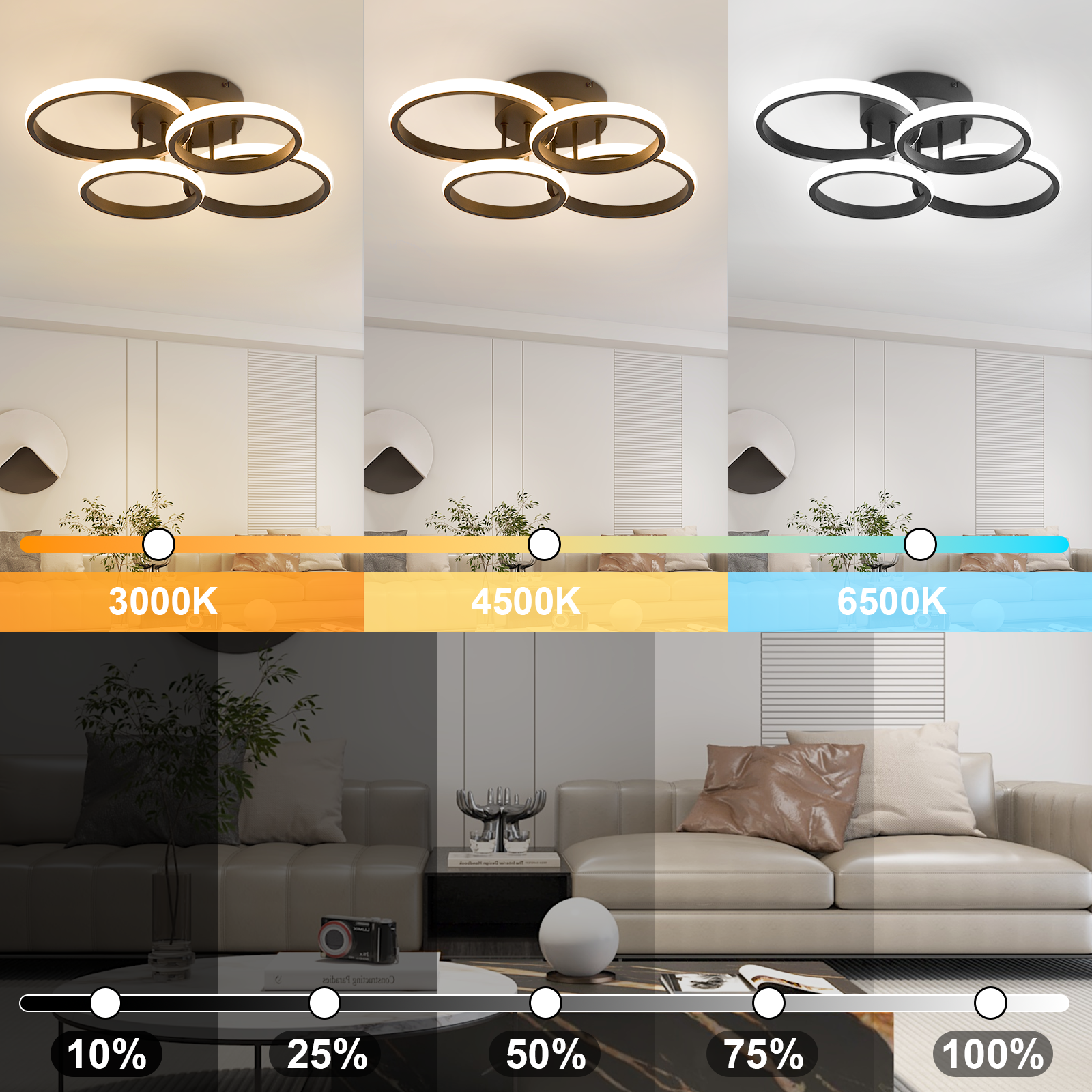 ZMH Nowoczesna, czarna lampa sufitowa LED 48W 55cm z możliwością ściemniania i pilotem do sypialni lub kuchni. - 6