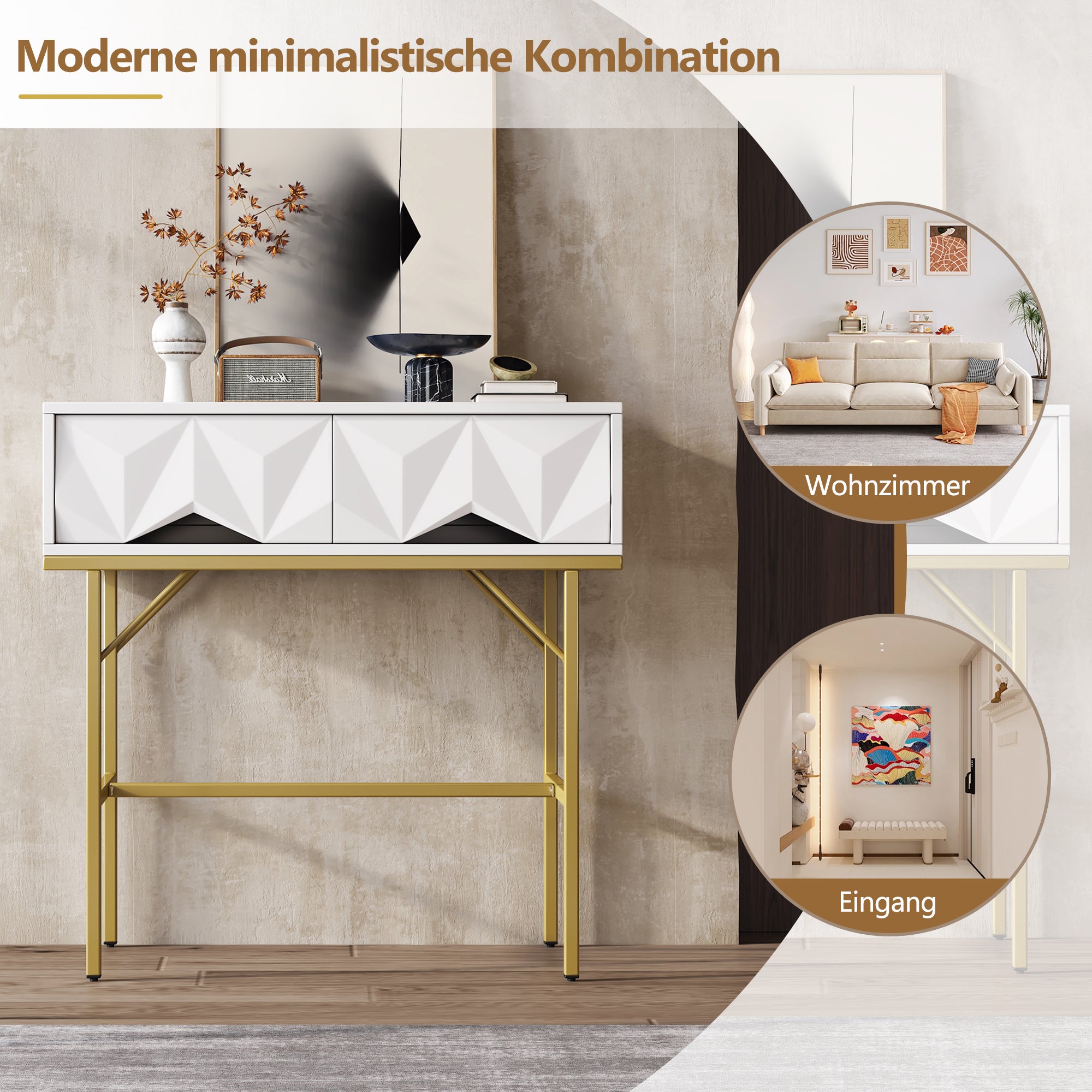 Table console moderne avec 2 tiroirs - 80 x 40 x 80 cm - MDF - pour salon, couloir - blanc + or - 9