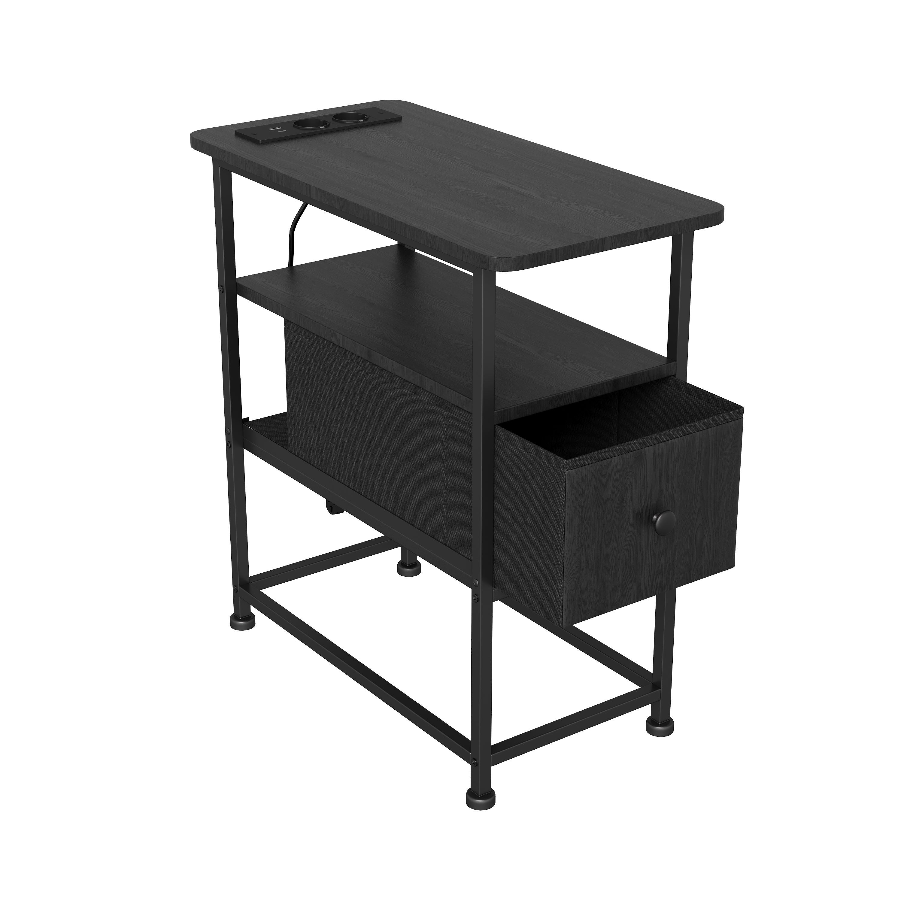 Table d'Appoint avec tiroirs - prise électrique incluse, structure en métal, pieds antidérapants, espace de rangement ouvert - 60x30x62 cm - noir - 9