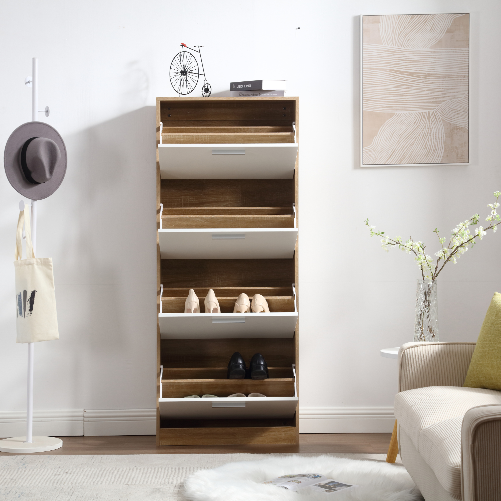 Meuble à chaussures peu encombrant à 4 portes doubles et étagères, 63 x 24 x 155 cm, en bois, pour entrée, blanc et chêne - ZIK - 8