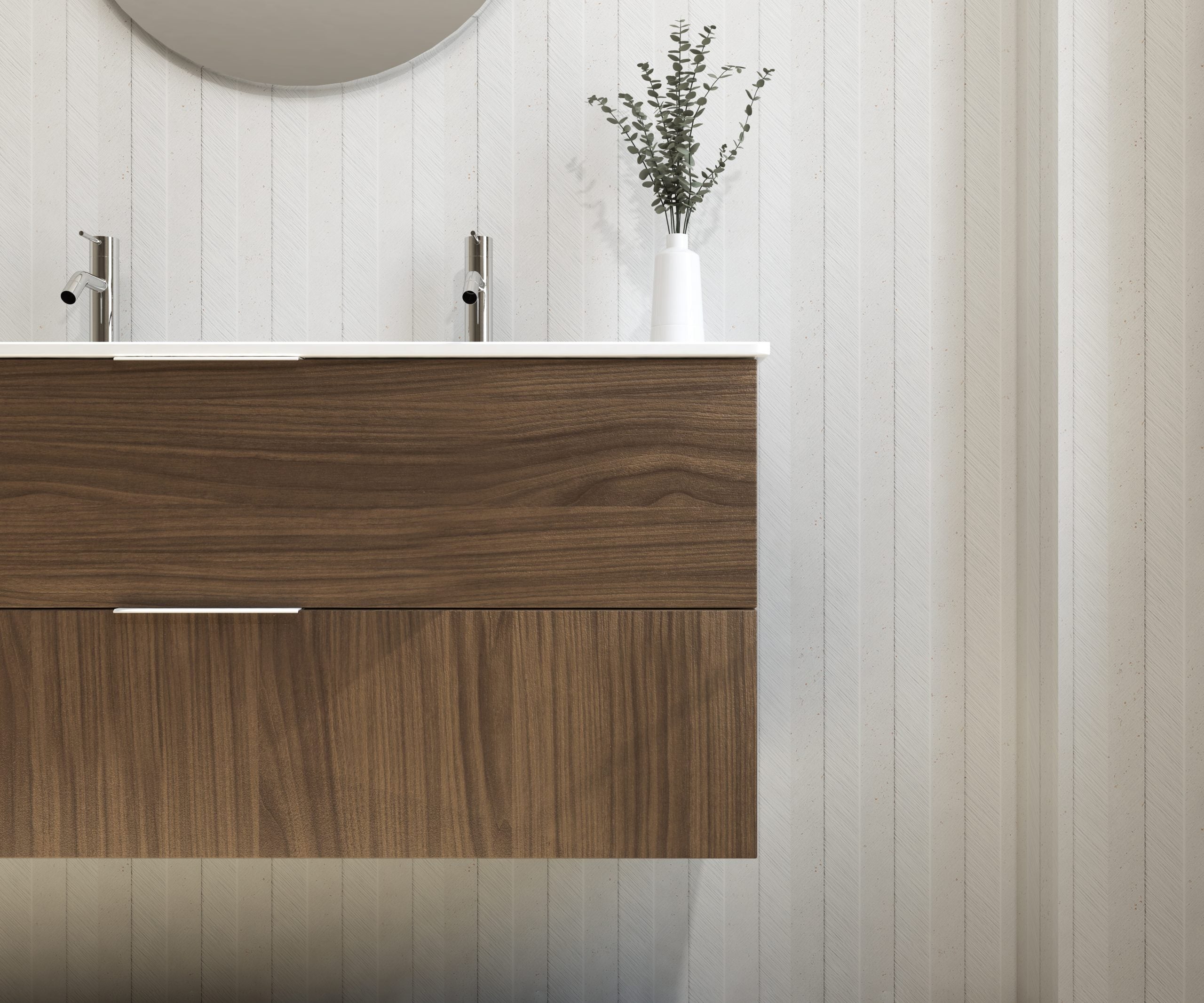 Meuble de salle de bain Mapau Pack avec double vasque et miroir rond SAVART Noyer 120 cm - 2