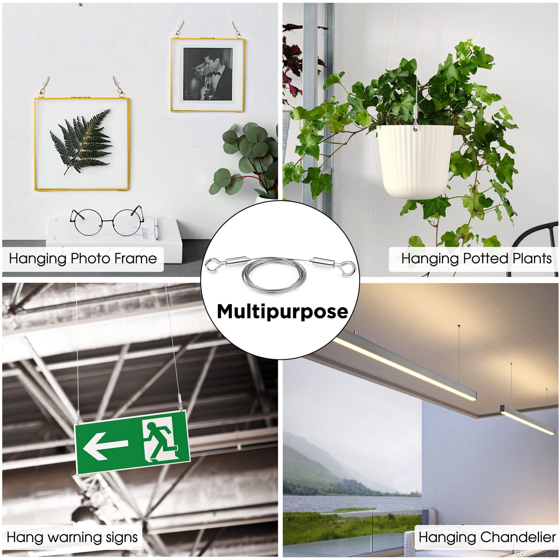 Kit di 4 cavi regolabili per appendere quadri - Cavo in acciaio inossidabile | Capacità di carico 30 kg | Installazione senza attrezzi | 2 m - 4