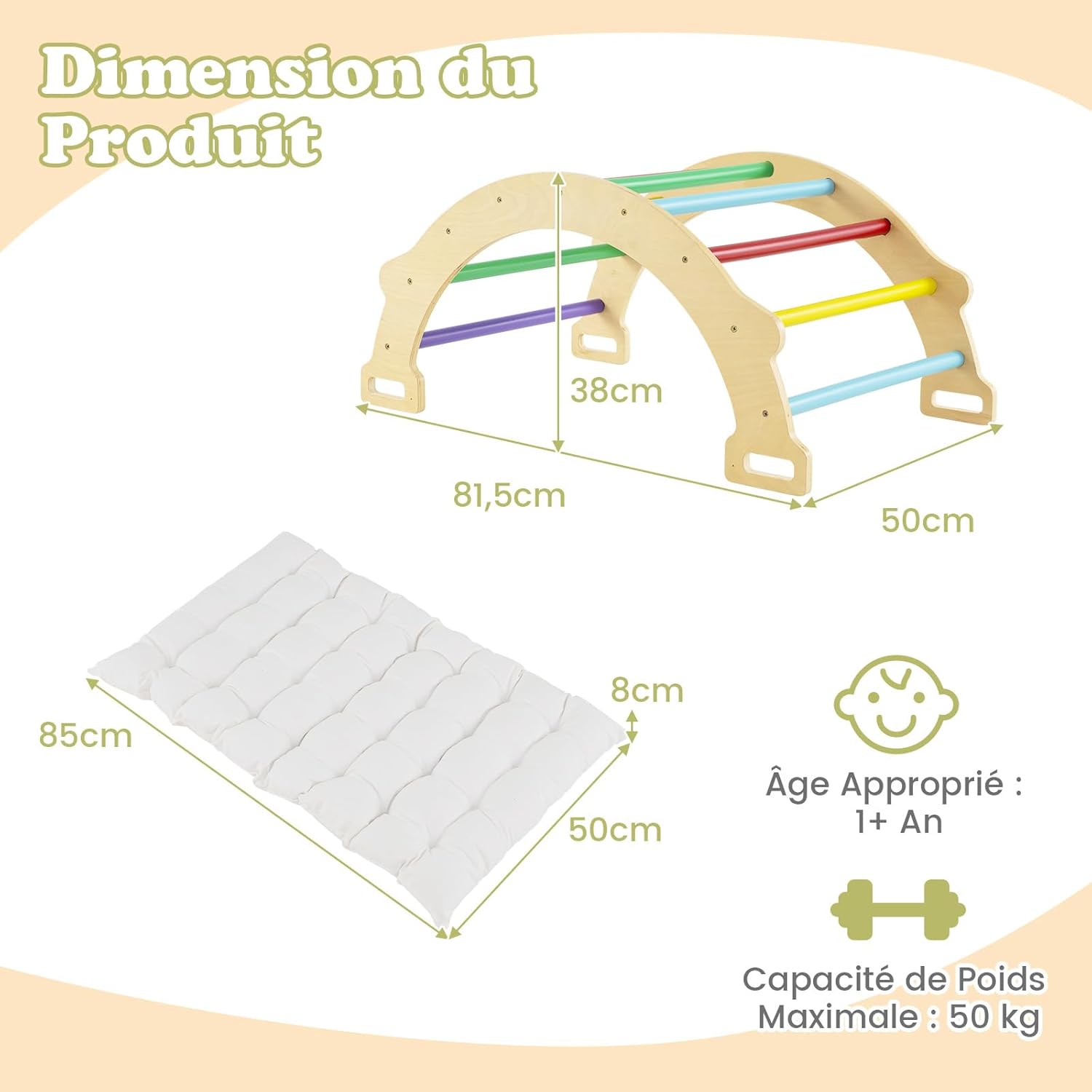 4 en 1 Arche d’Escalade en Bois Enfants avec Coussin Moelleux, Arche à Bascule, Charge 50KG, 3 Ans+ - 5
