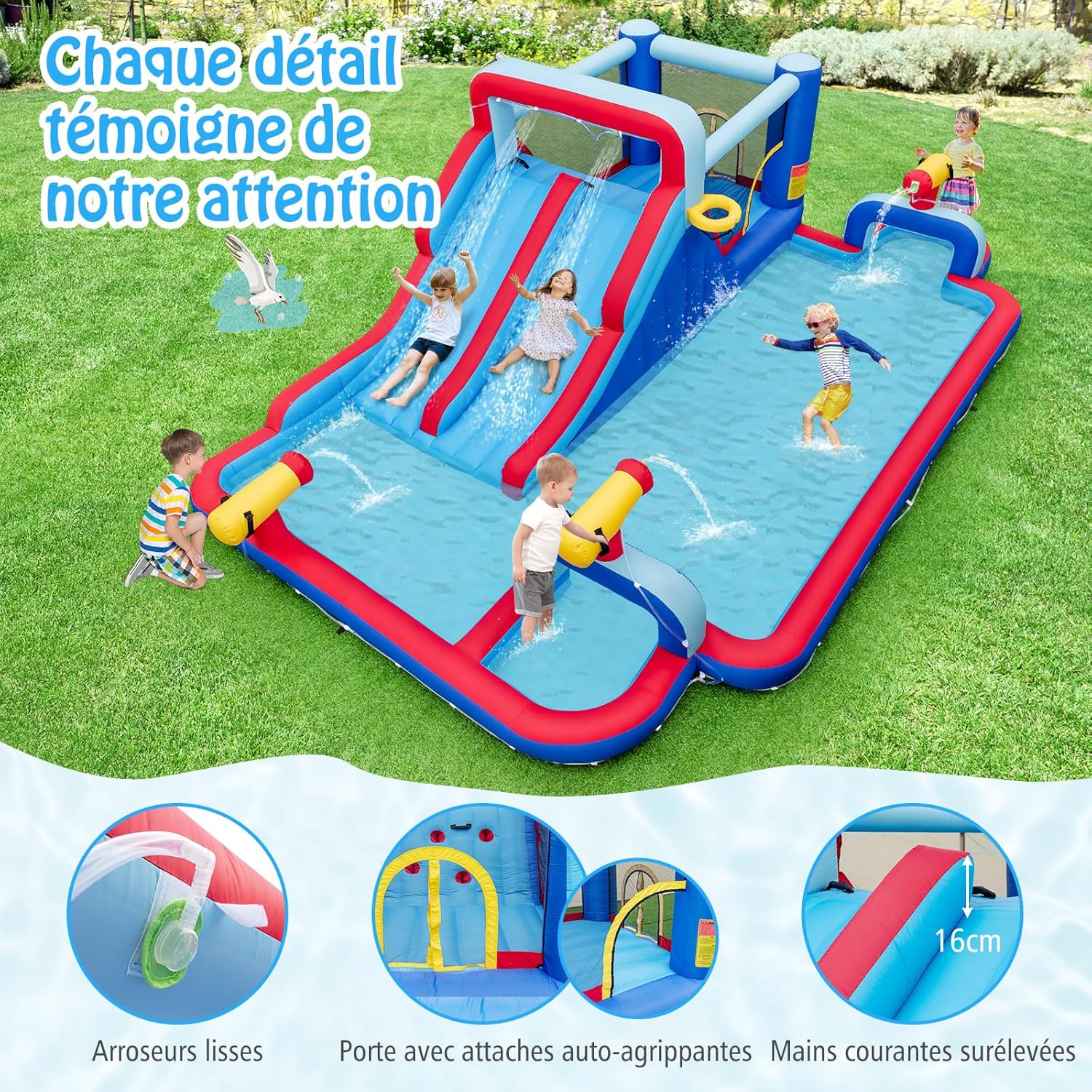 Estrutura insuflável 9 em 1 com escorregas aquáticos duplos e piscina, parque infantil insuflável com zona de saltos e 3 canhões de água, capa - 7